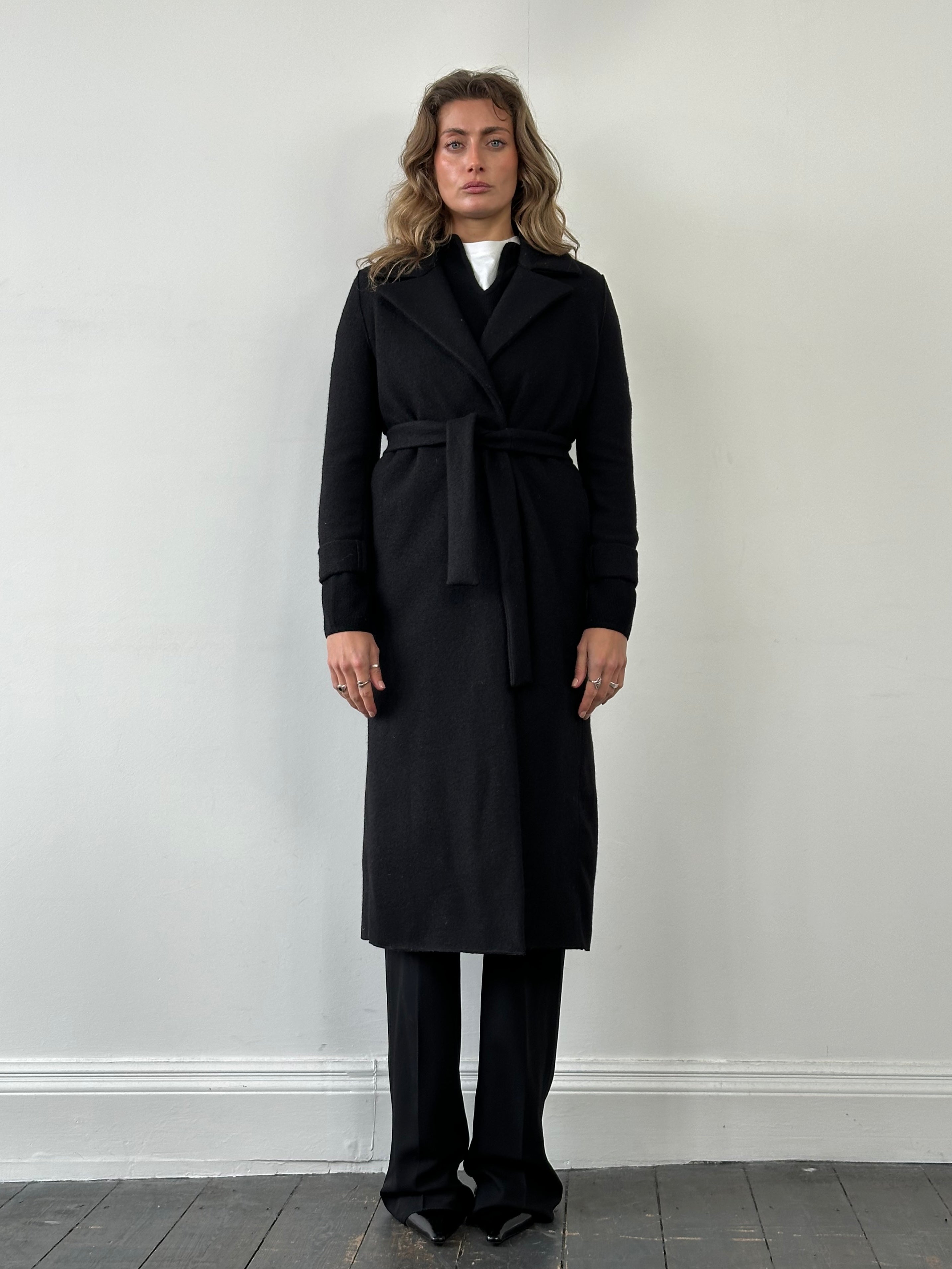 Marella Pure Virgin Wool Double Faced Belted Coat in size S, featuring a classic design and neutral color, displayed on a hanger.