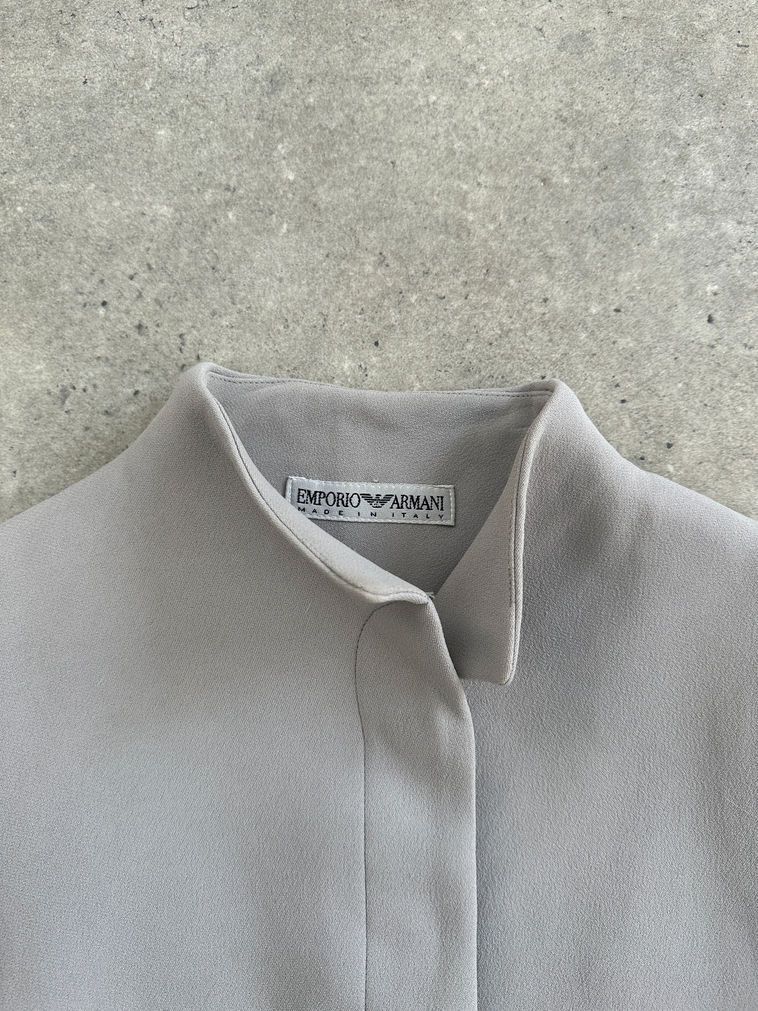 Emporio Armani high neck fitted minimal blazer jacket in sleek fabric, tailored silhouette, in size S/M, stylish and modern.