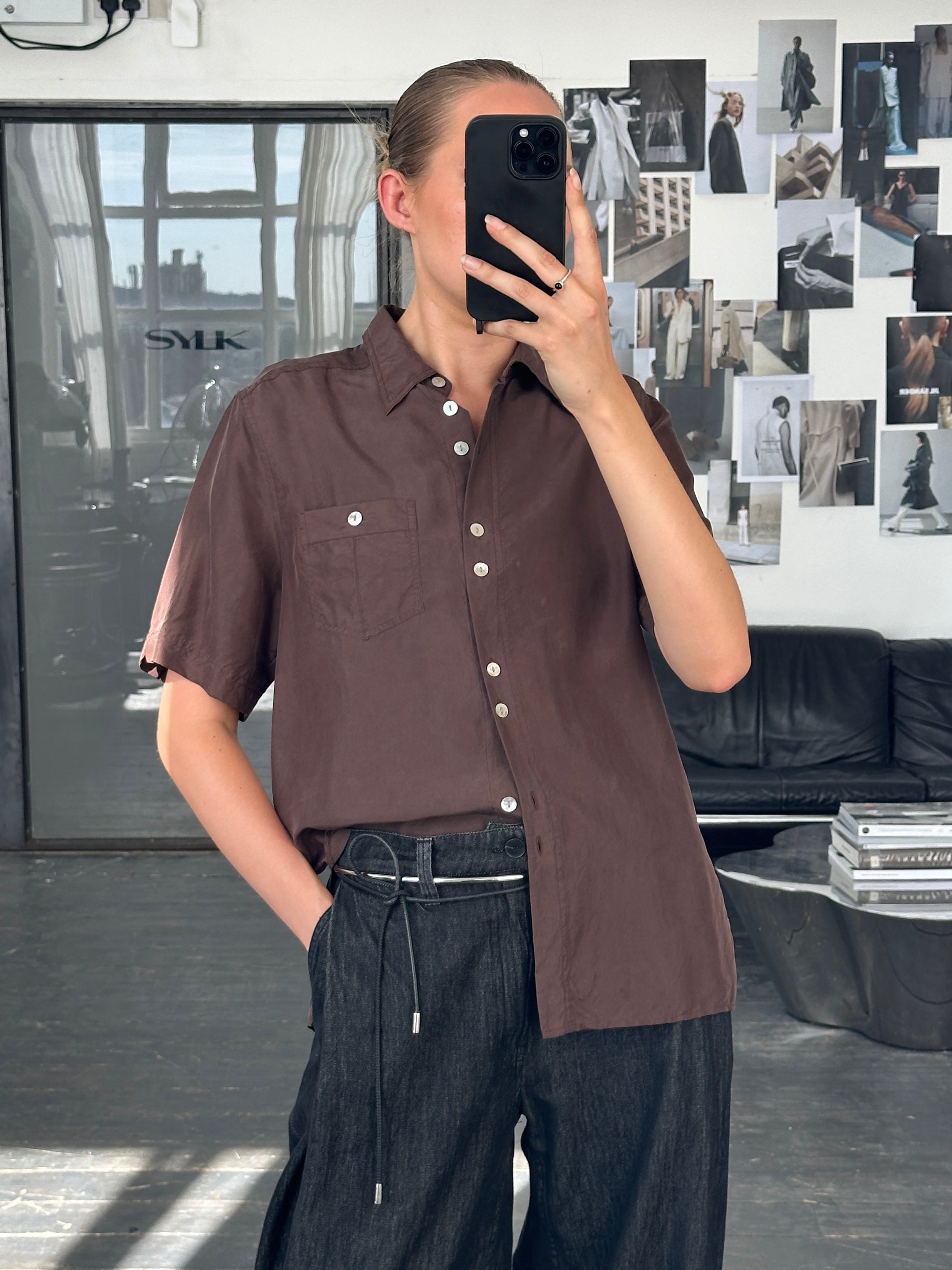 Vintage 1990s pure silk short sleeve shirt in size M, featuring classic design and smooth silk fabric.