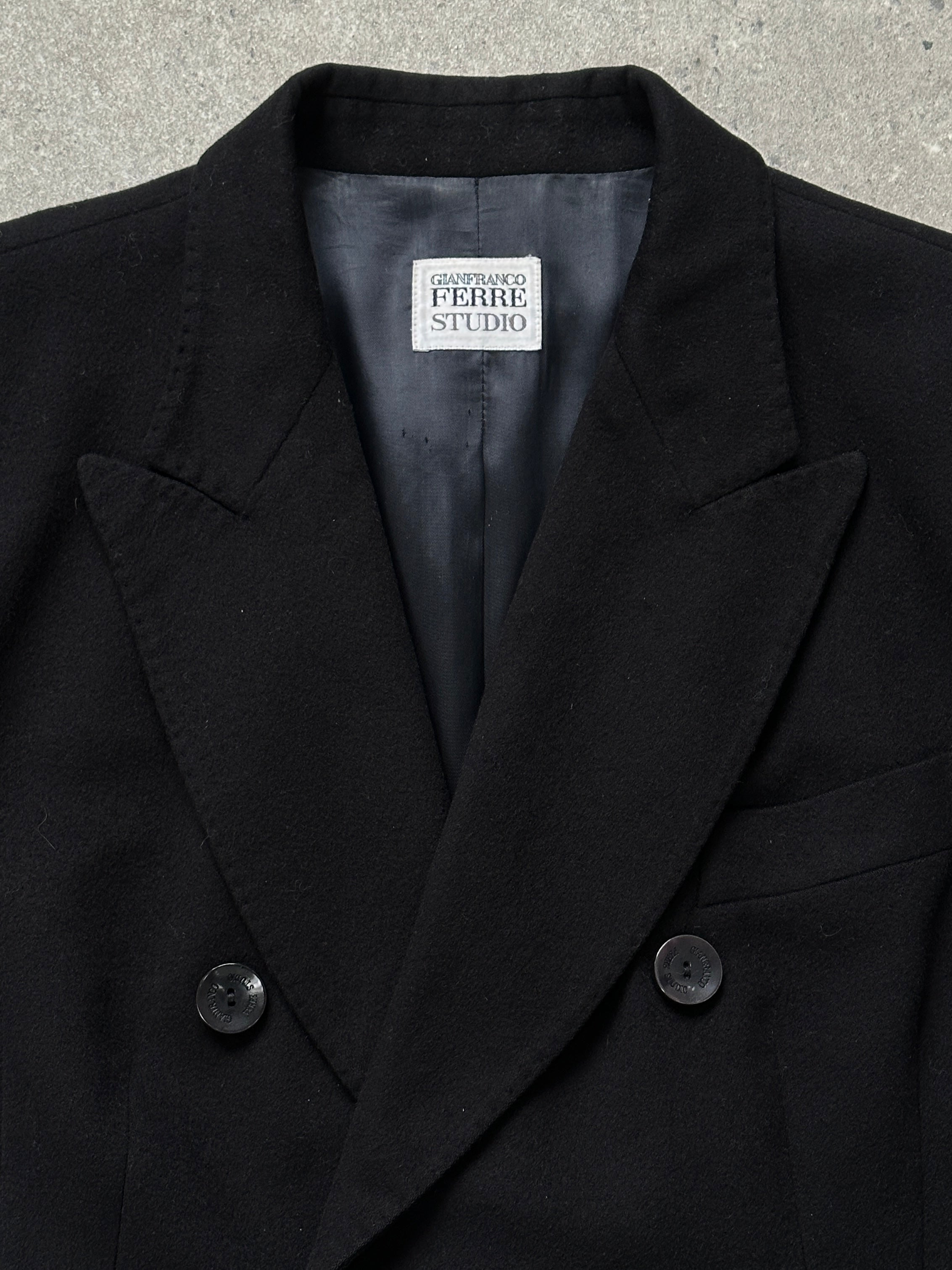Gianfranco Ferre 1990s wool and cashmere double-breasted blazer in size M, tailored fit with classic lapels and button details.