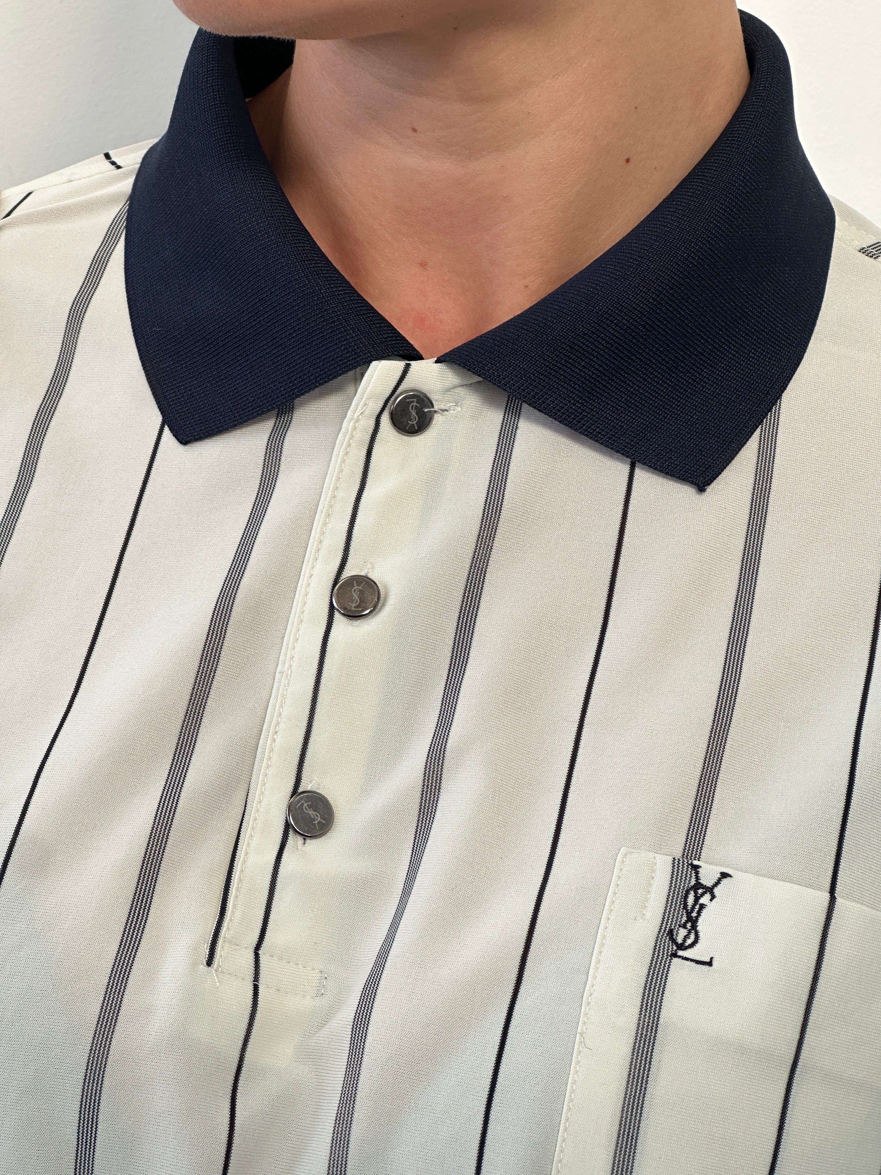 Yves Saint Laurent 1990s pure silk stripe polo shirt in medium, featuring classic design and vibrant color stripes.