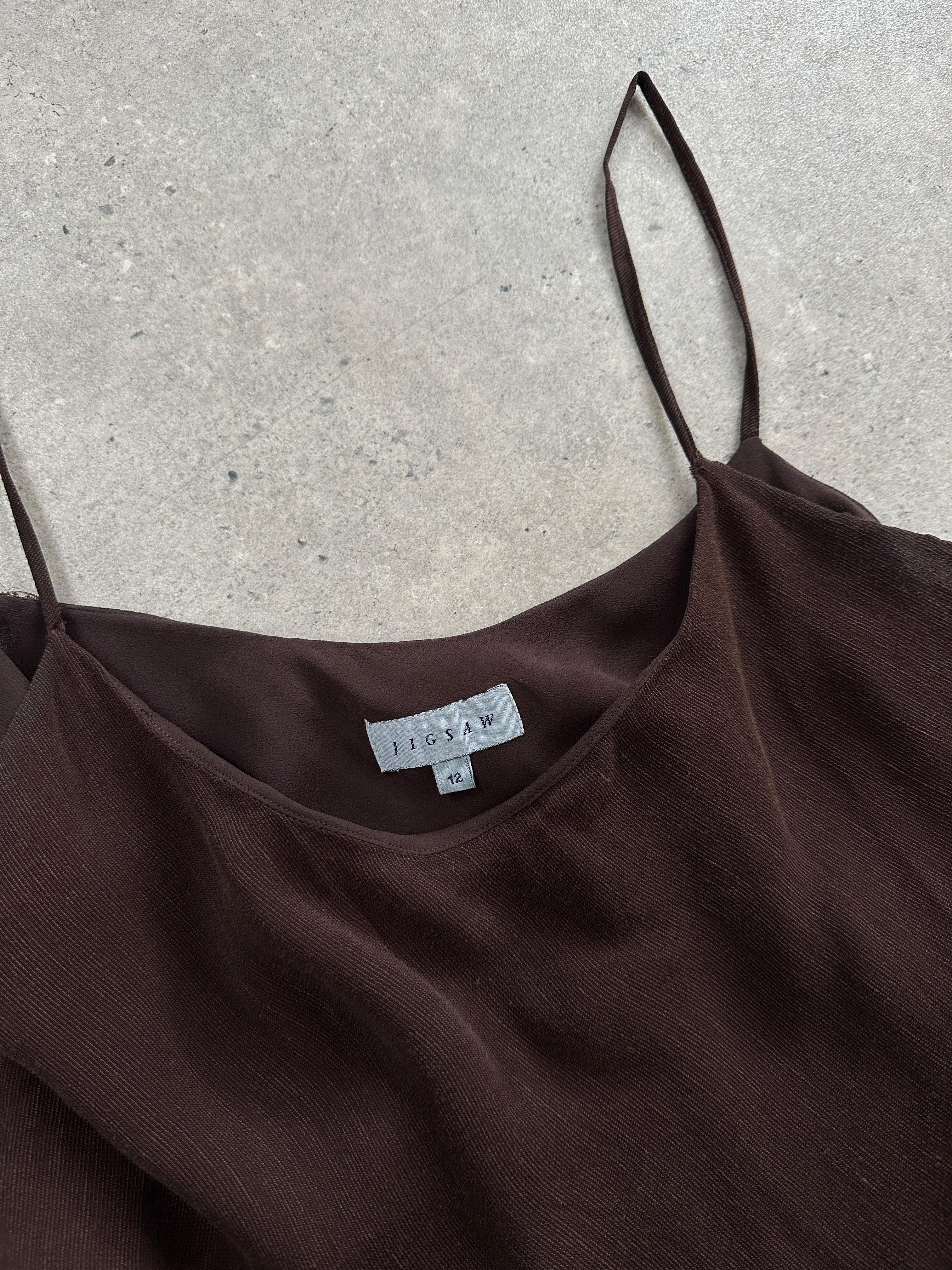 Jigsaw 1990s linen maxi slip dress in S/M, featuring a flowing design and vintage-inspired style, displayed on a hanger.