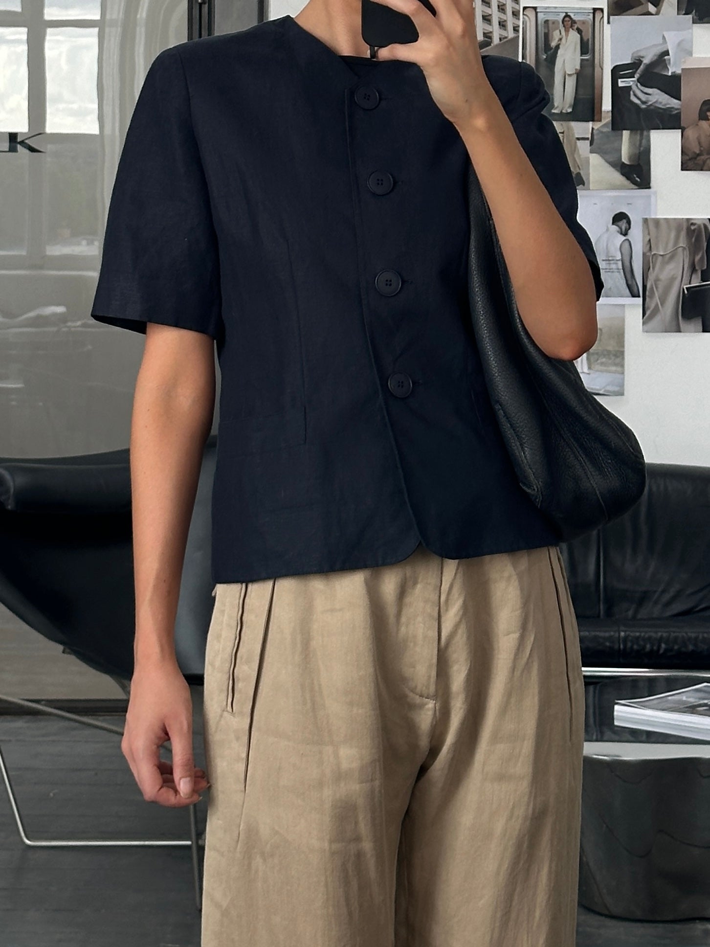 Luisa Spagnoli 1990s pure linen short sleeve tailored blazer in beige, front view showing structured fit and classic design.
