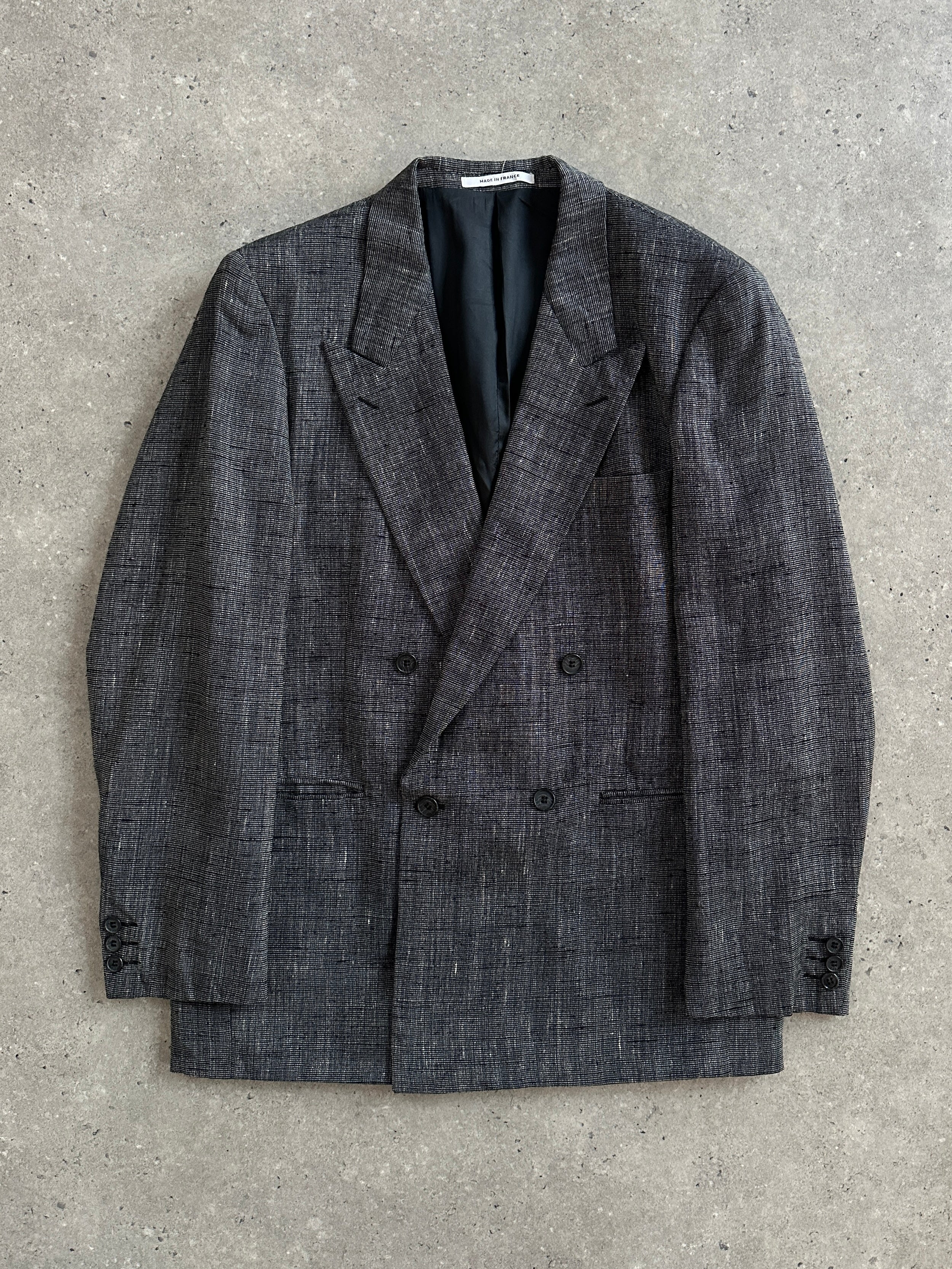 Yves Saint Laurent men's double-breasted blazer, 1980s style, in dark fabric with structured lapels, size 38R/M.