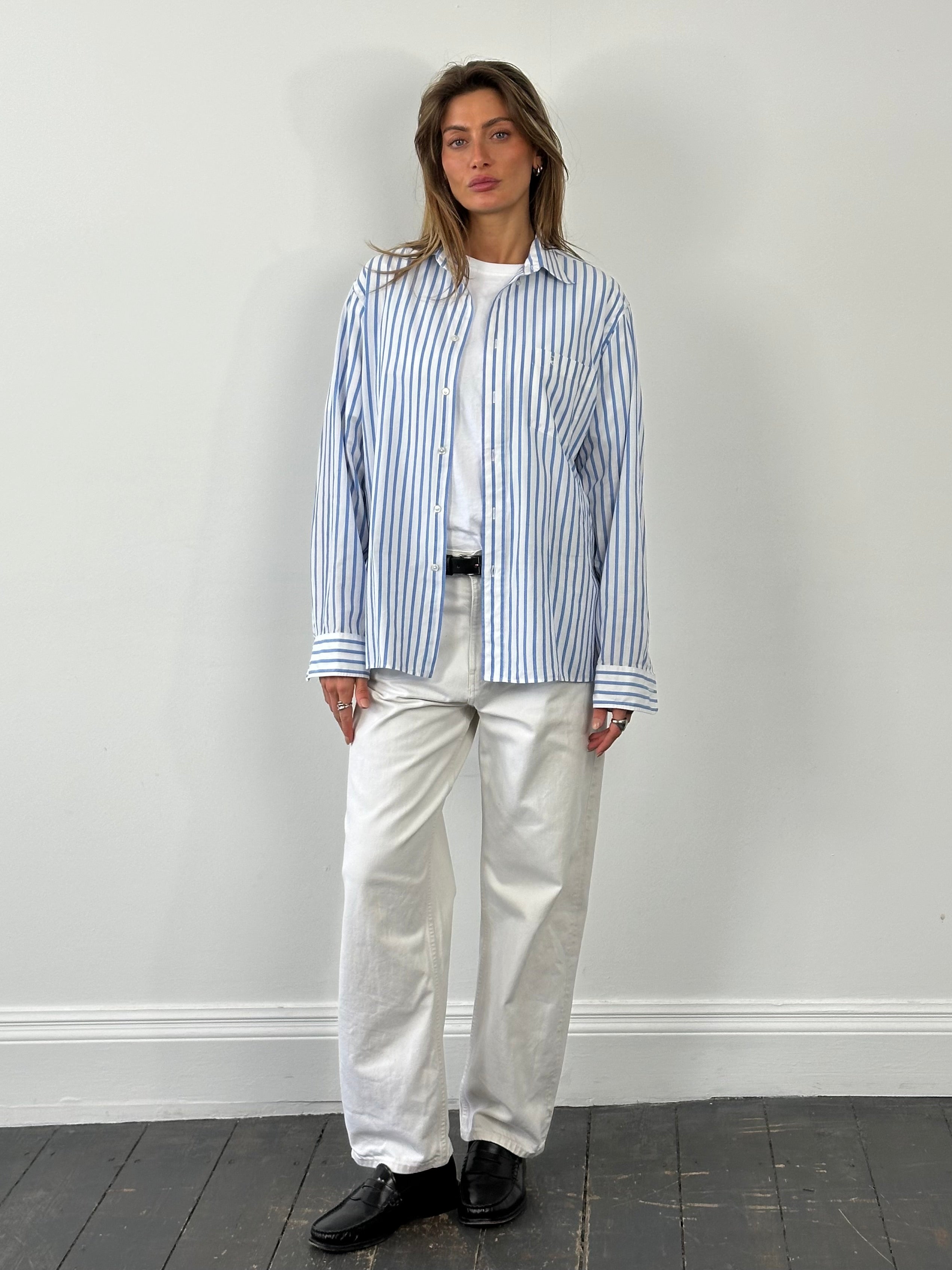 Christian Dior 1980s cotton striped logo shirt in size L, featuring bold vertical stripes and classic Dior branding.