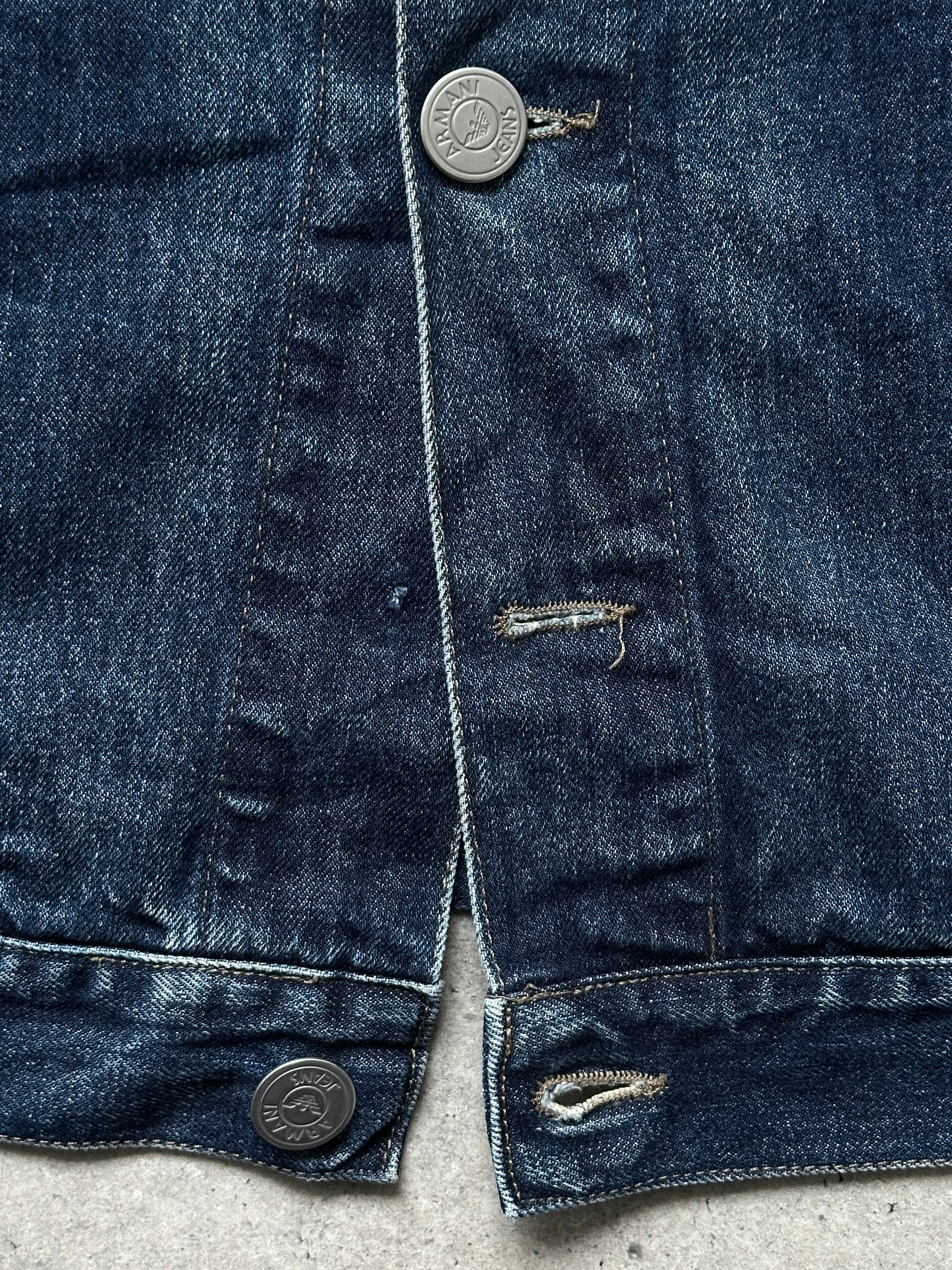Armani Jeans 1900s mid-wash denim jacket in size L, featuring classic style and metal button details.