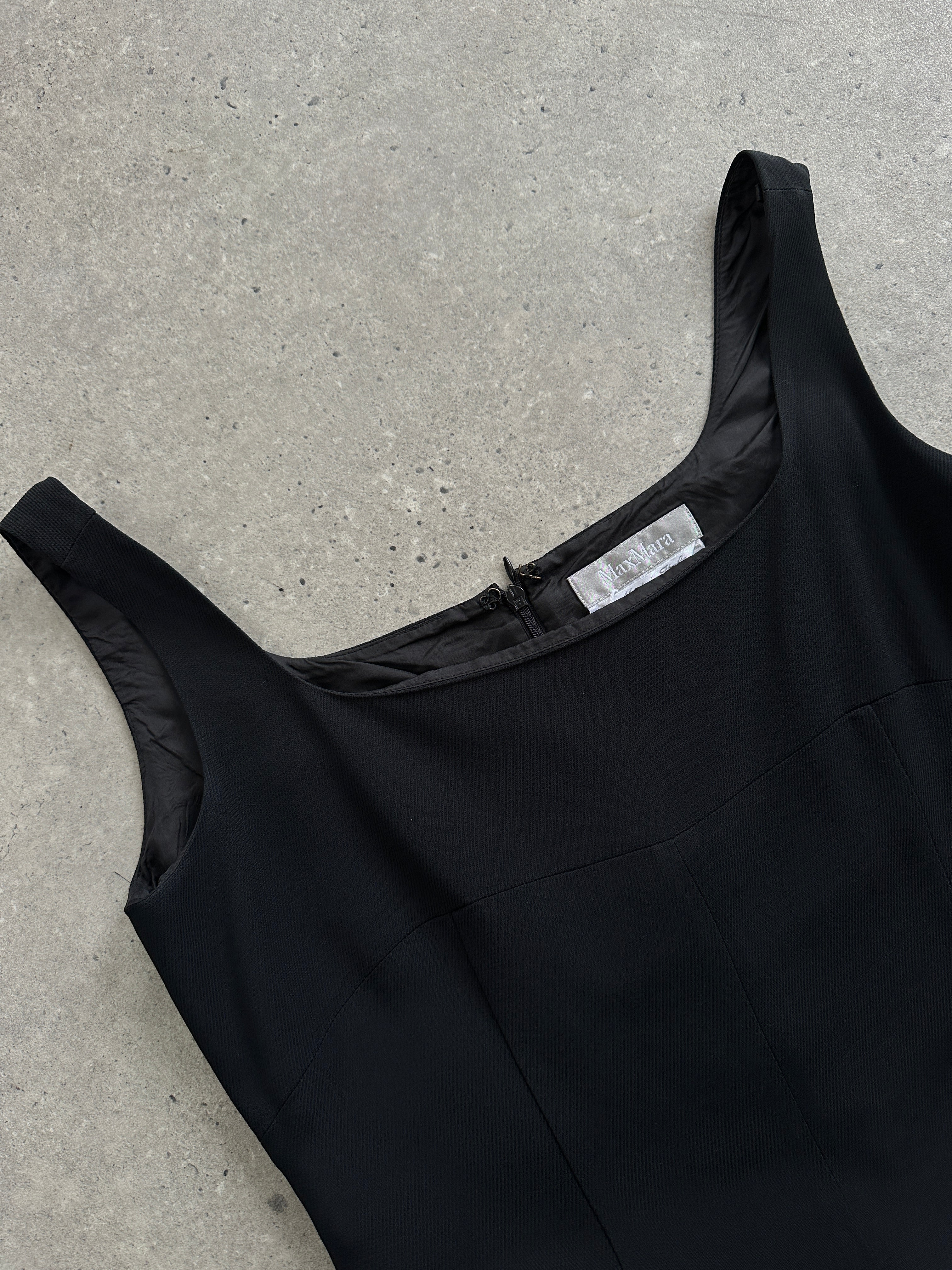 Max Mara square neck jumpsuit in size S/M, featuring a sleek design with wide legs and a modern, minimalist style.