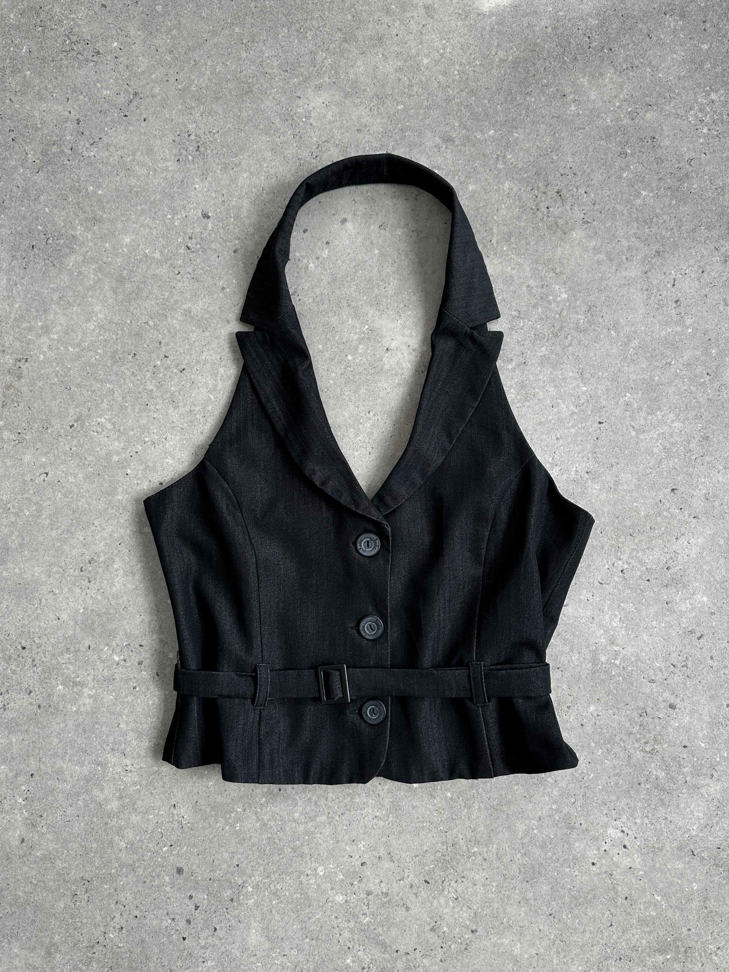 Vintage brand vintage halterneck belted waistcoat, size M, featuring classic design, adjustable belt, and sleeveless style.
