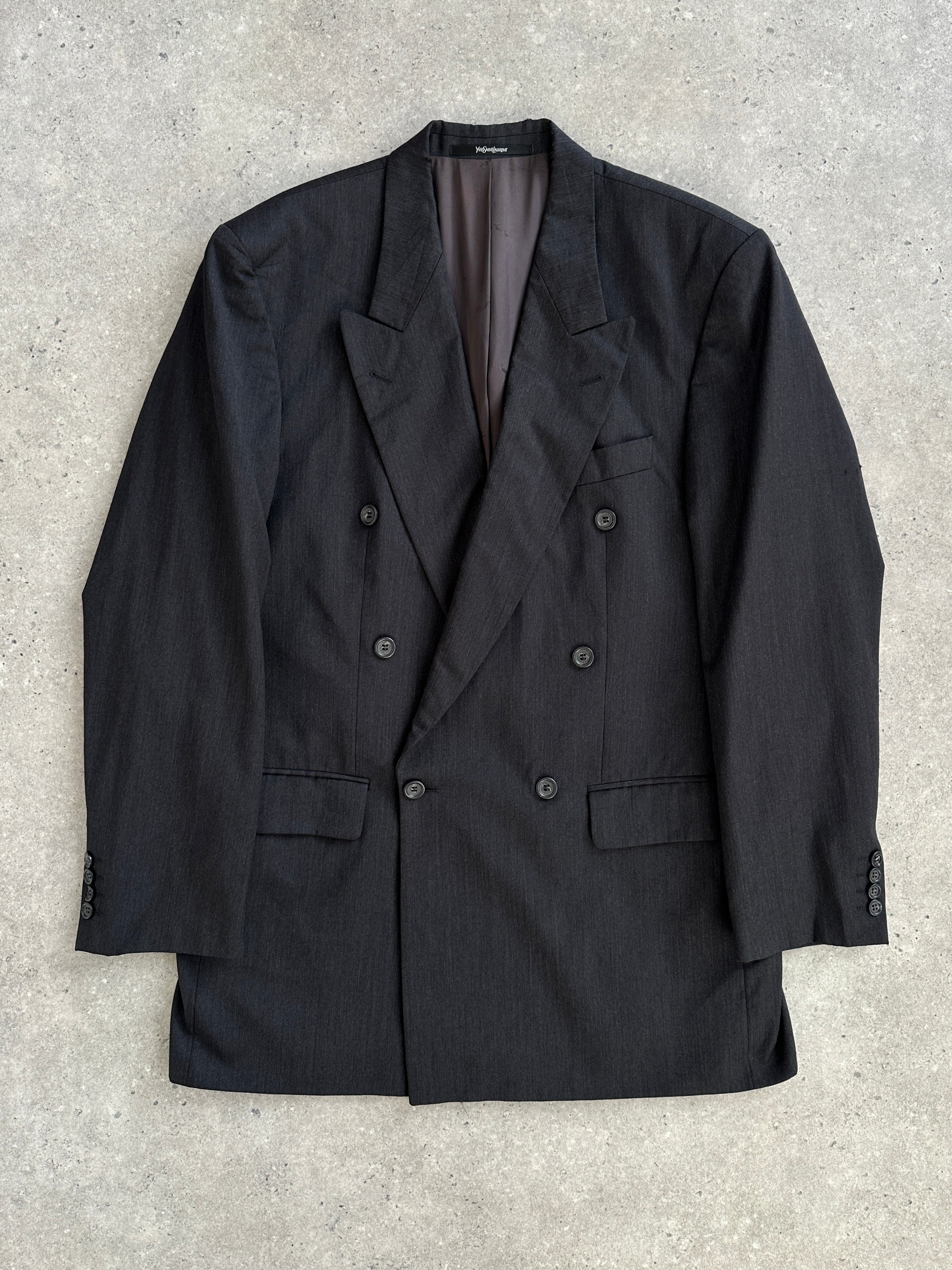 Yves Saint Laurent Pour Homme 1990s wool double-breasted blazer, size 44R/XXL, in classic dark color, tailored fit with peak lapels.