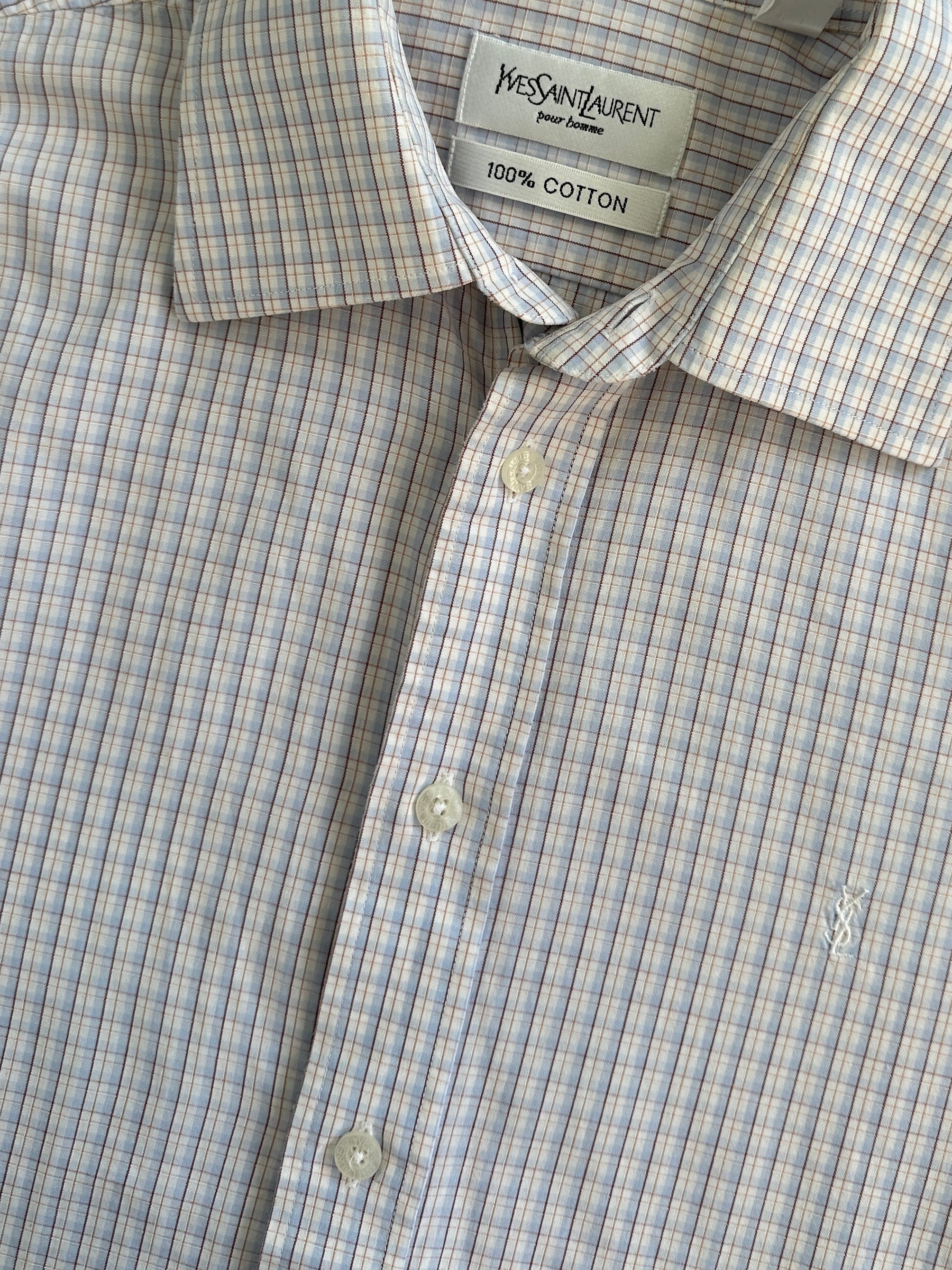 Yves Saint Laurent Pour Homme mini check pure cotton logo shirt, men's size M, featuring a classic button-up design and YSL branding.