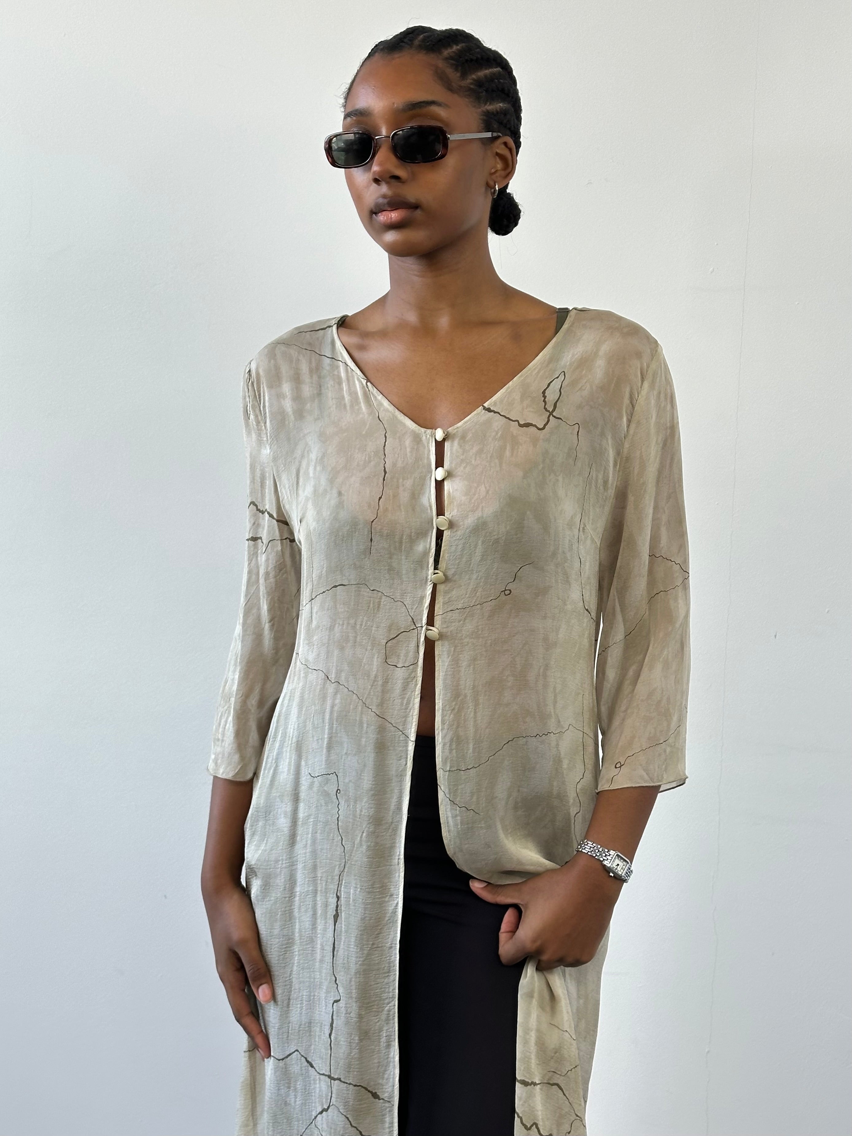 Vintage 1990s pure silk sheer longline cardigan in size M, featuring lightweight fabric and a relaxed fit.