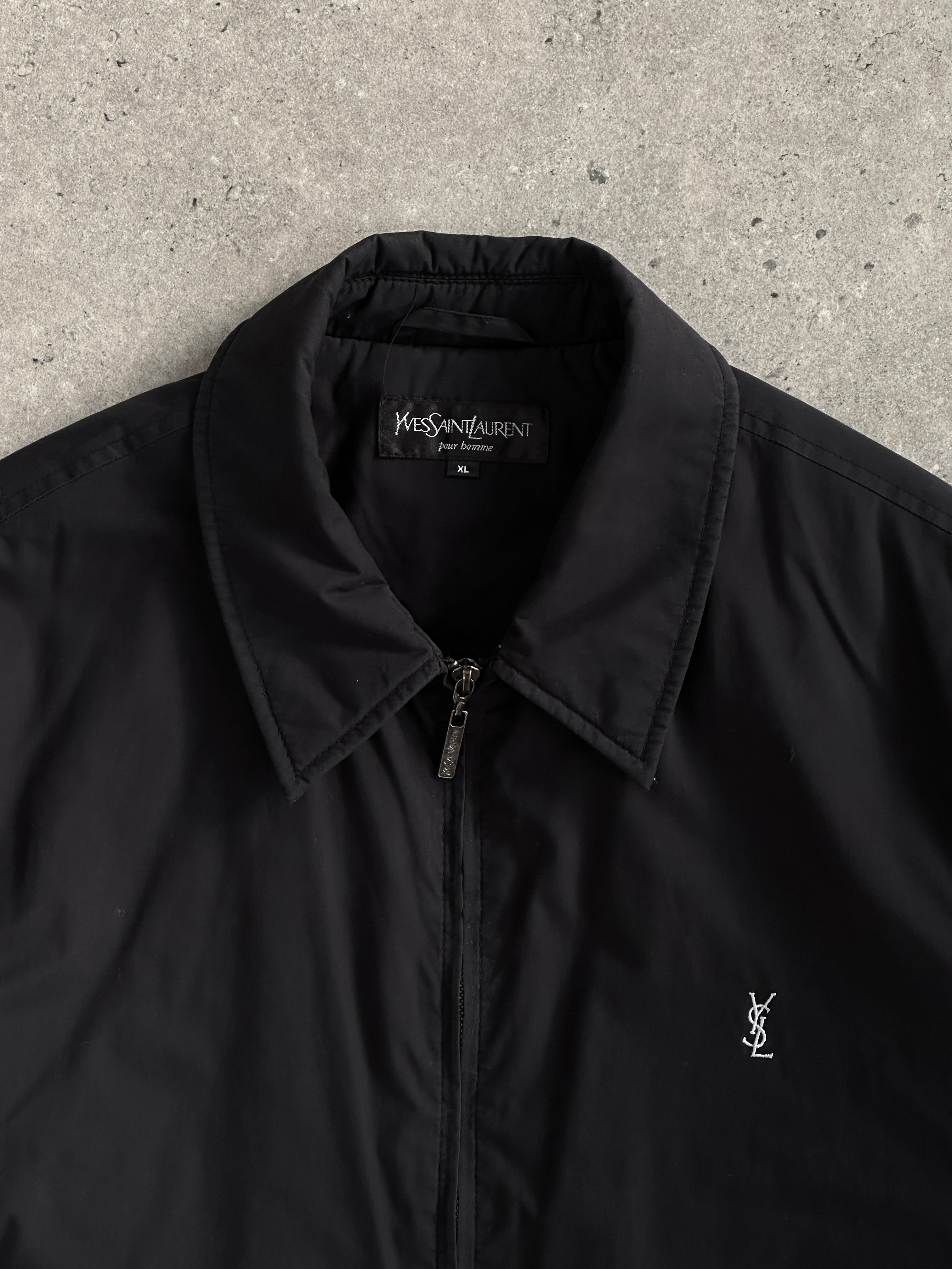 Yves Saint Laurent Pour Homme cotton logo bomber jacket in size L/XL, featuring a sleek design with YSL branding and a classic bomber style.