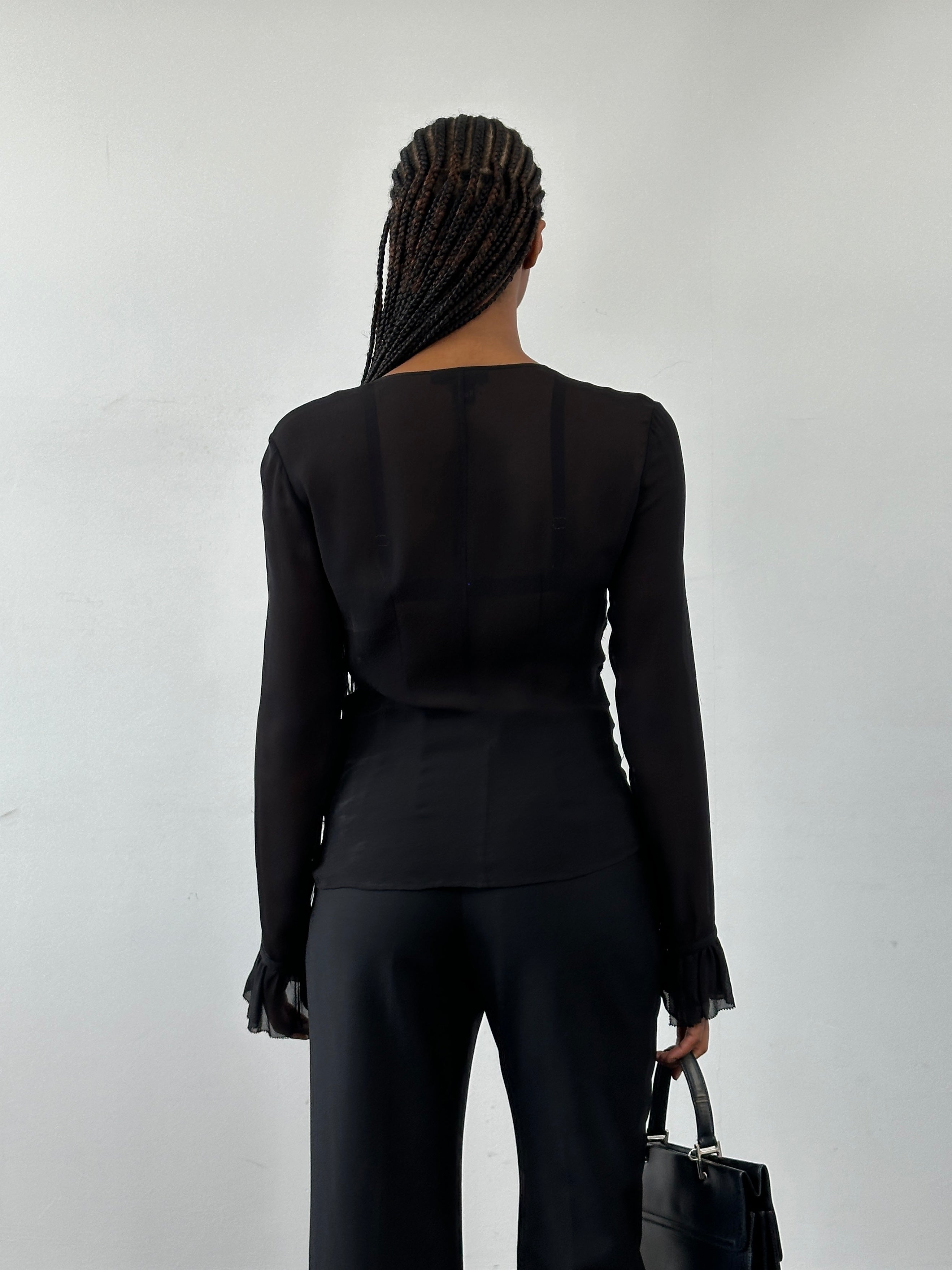 DKNY 2000s pure silk ruched shirt in size M, featuring a stylish design with gathered details and smooth silk fabric.