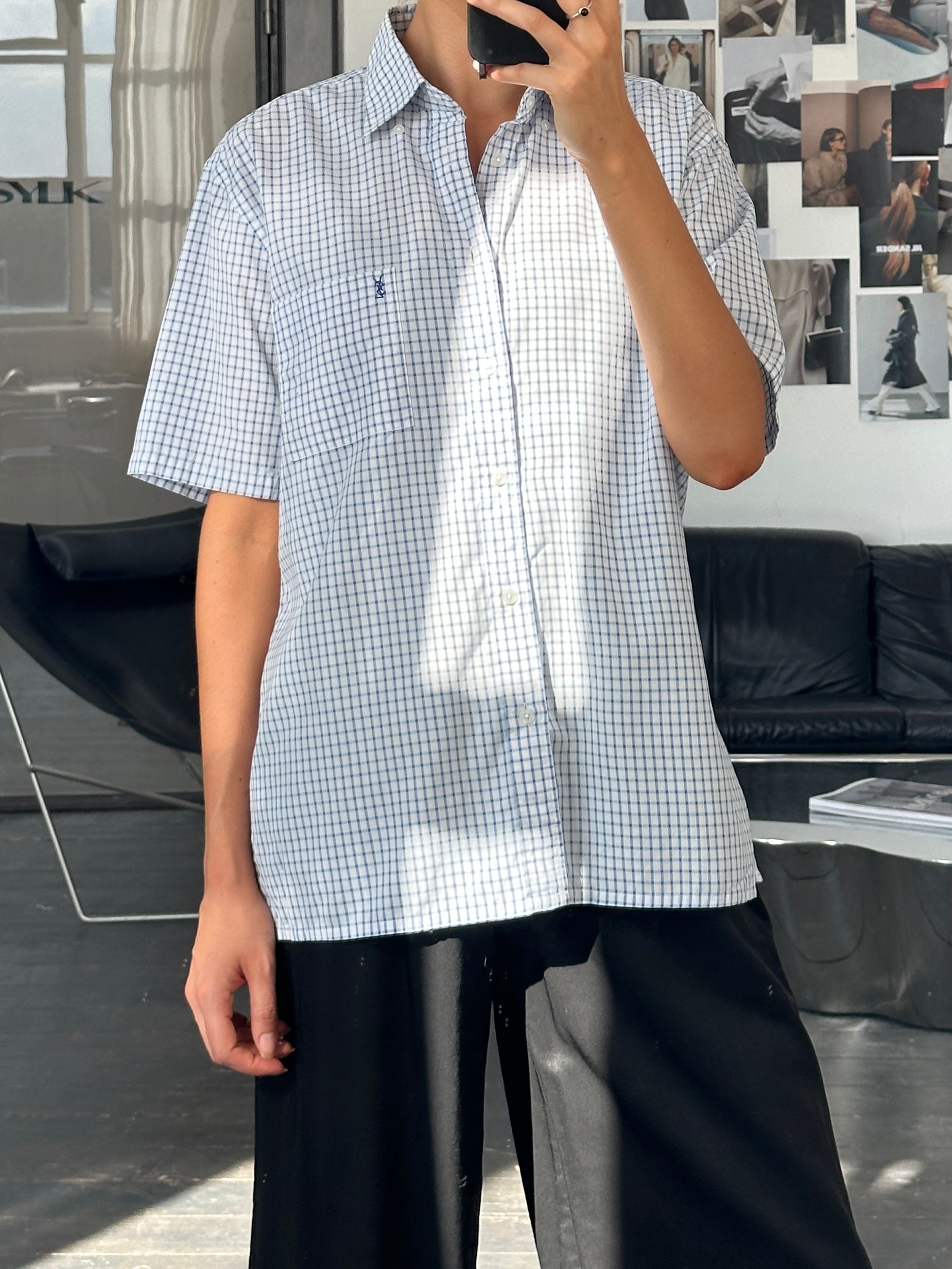 Yves Saint Laurent Pour Homme check cotton short sleeve logo shirt in size L, featuring a classic check pattern and brand logo.
