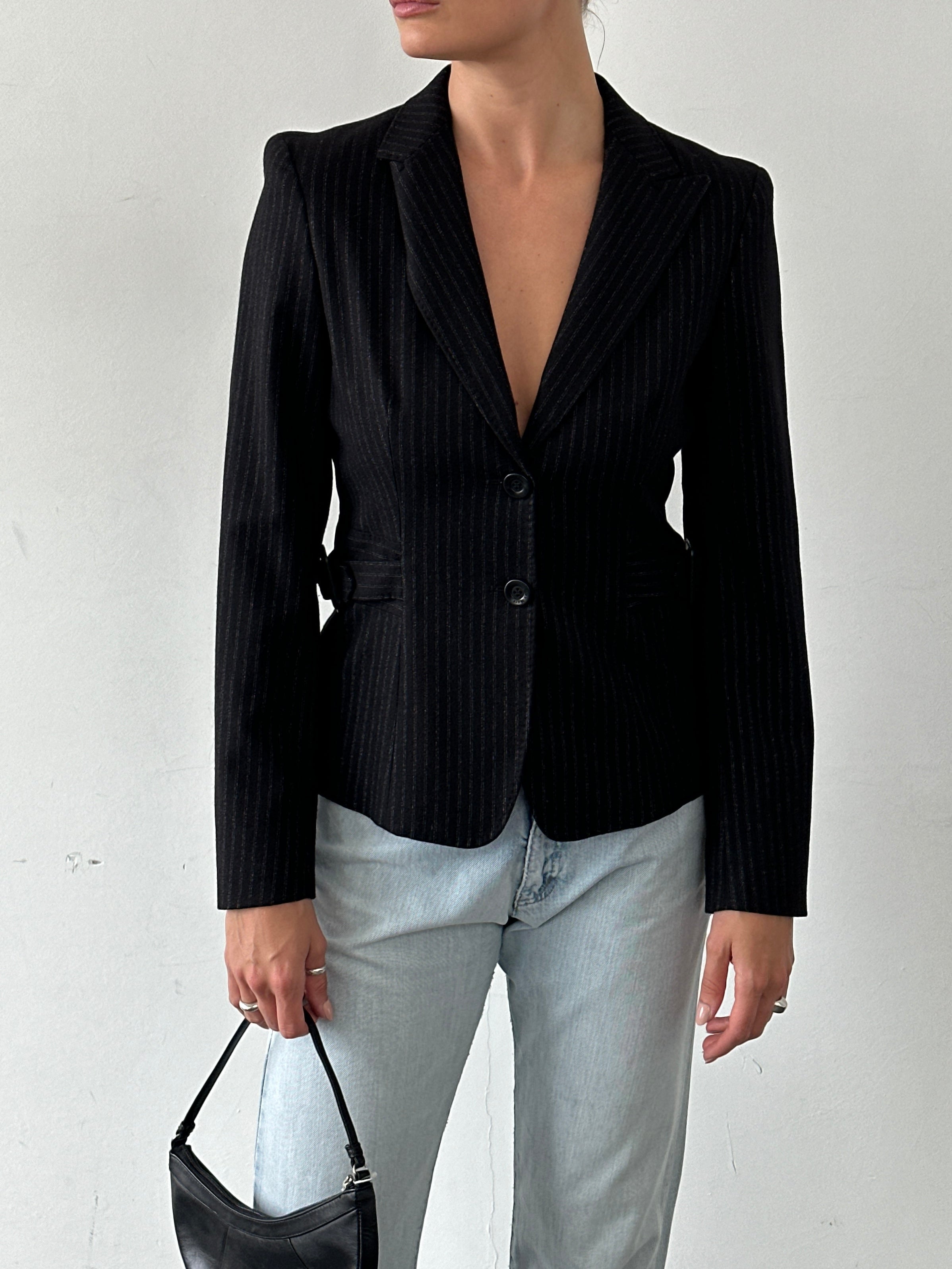 Max Mara Wool Cashmere Pinstripe Fitted Buckle Blazer - S - SYLK