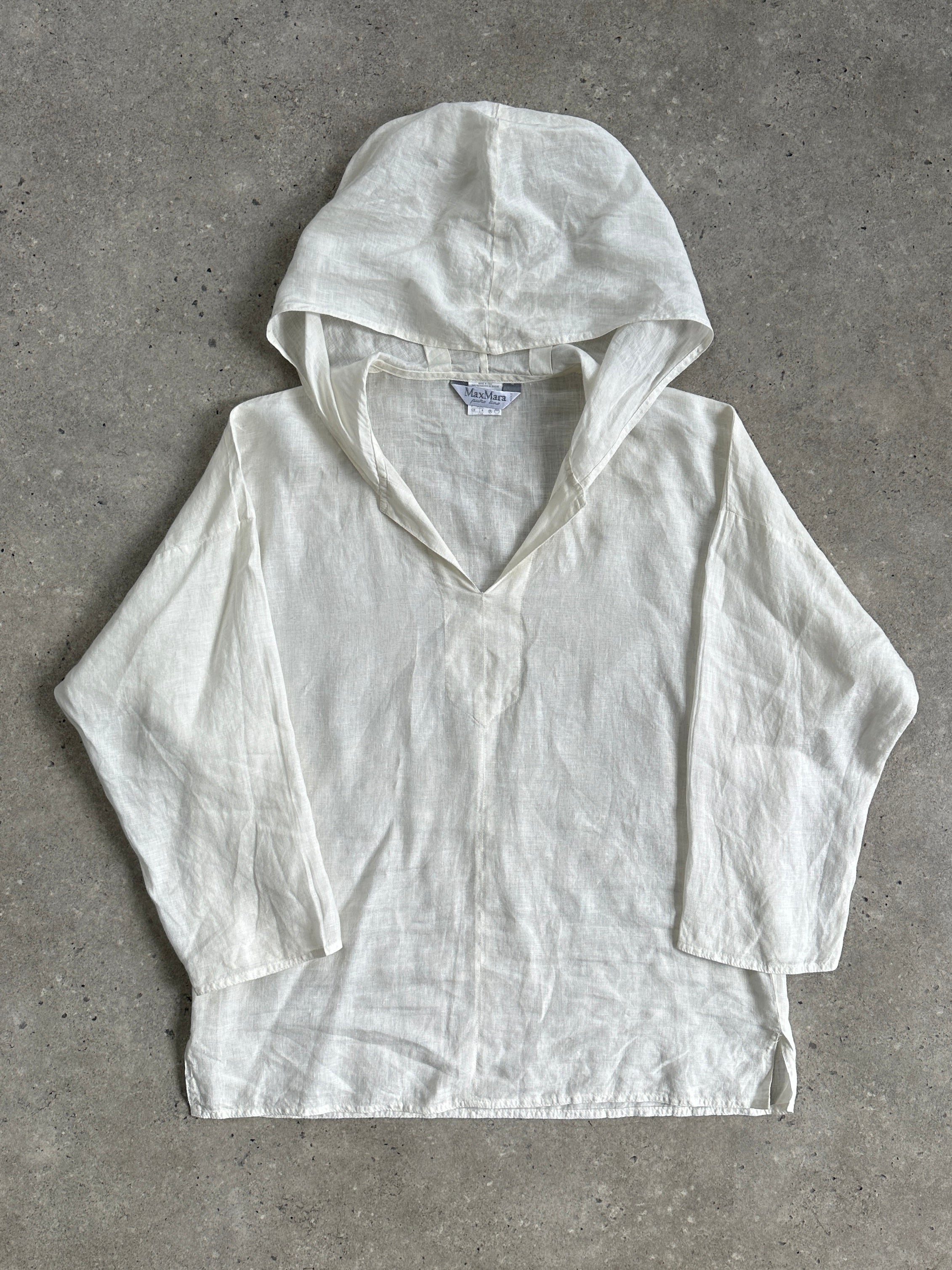 Max Mara pure linen hooded tank top in S/M, lightweight sleeveless top with hood, natural linen fabric, casual summer style