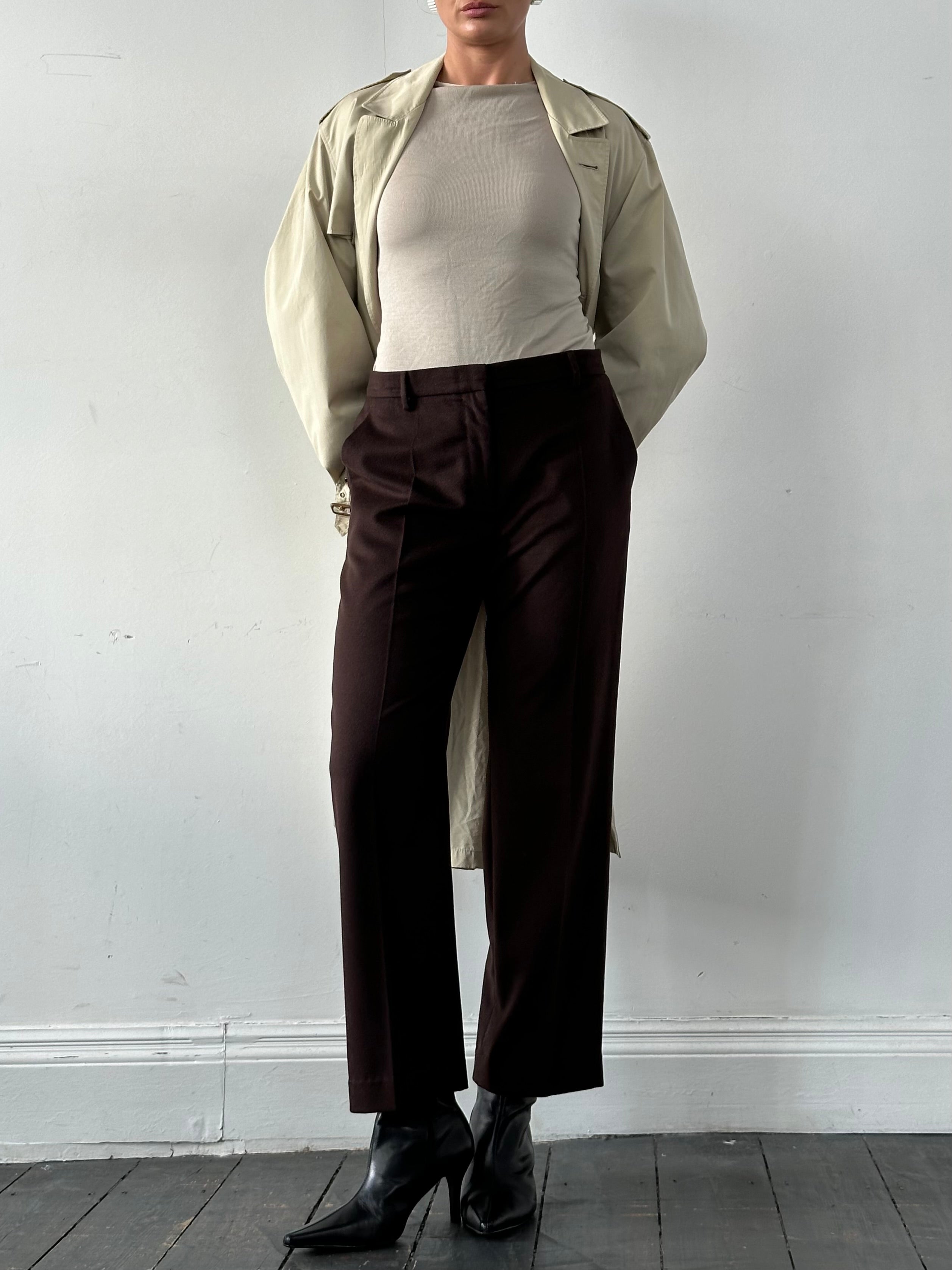 Max Mara brushed wool straight leg trousers in dark gray, W31, showcasing tailored fit and classic style.