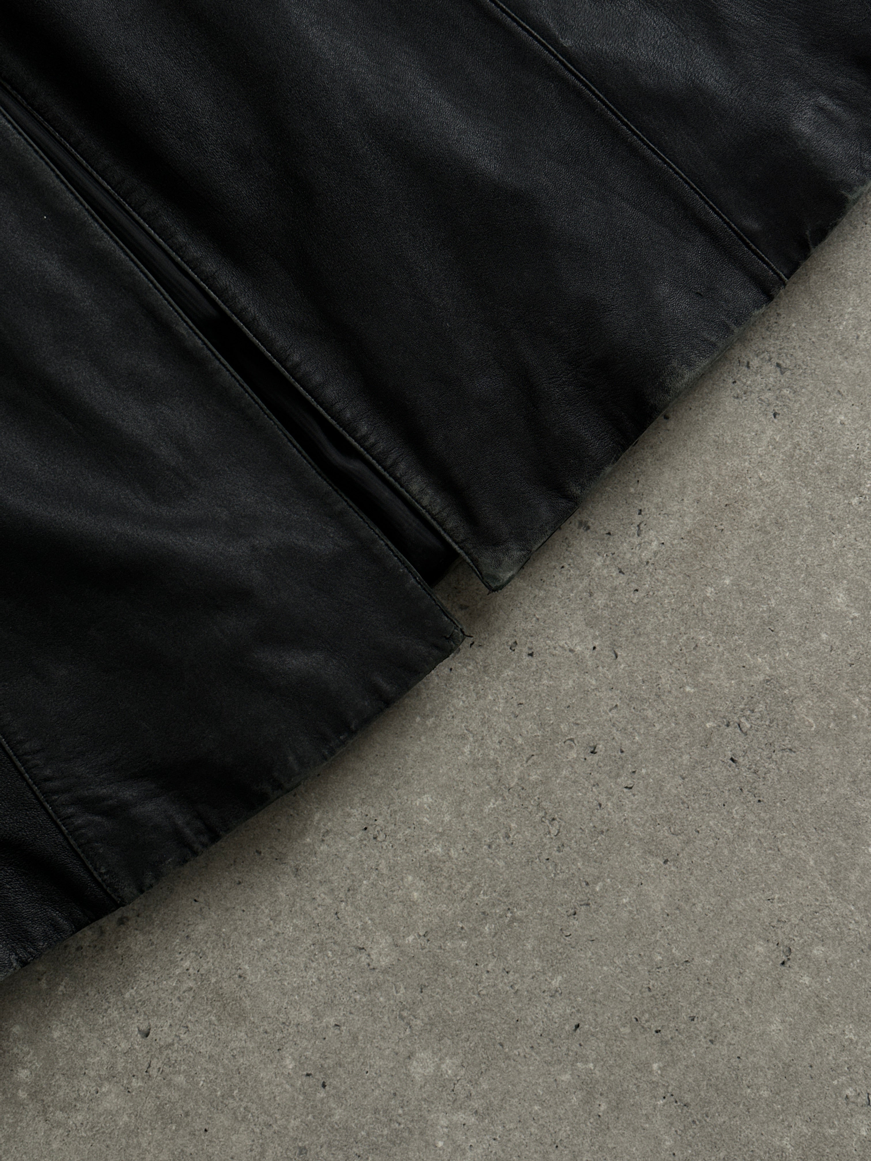 Vintage leather trench coat, XL size, floor-length belted leather jacket with classic design and button details.
