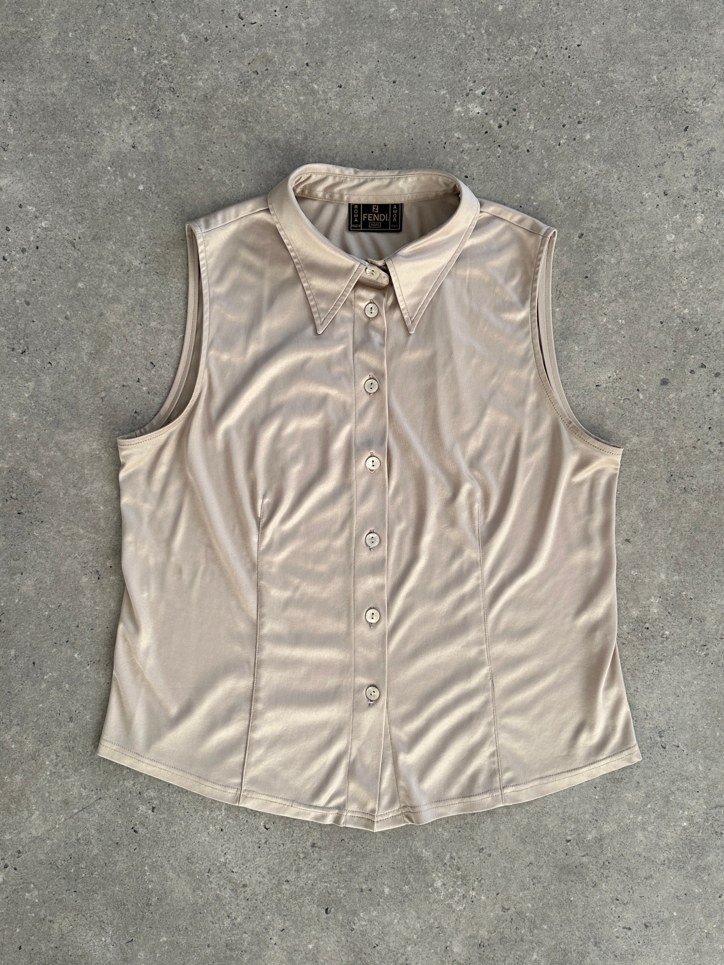 Fendi sleeveless satin logo shirt in size M/L, featuring a sleek design with the iconic Fendi logo on the front.