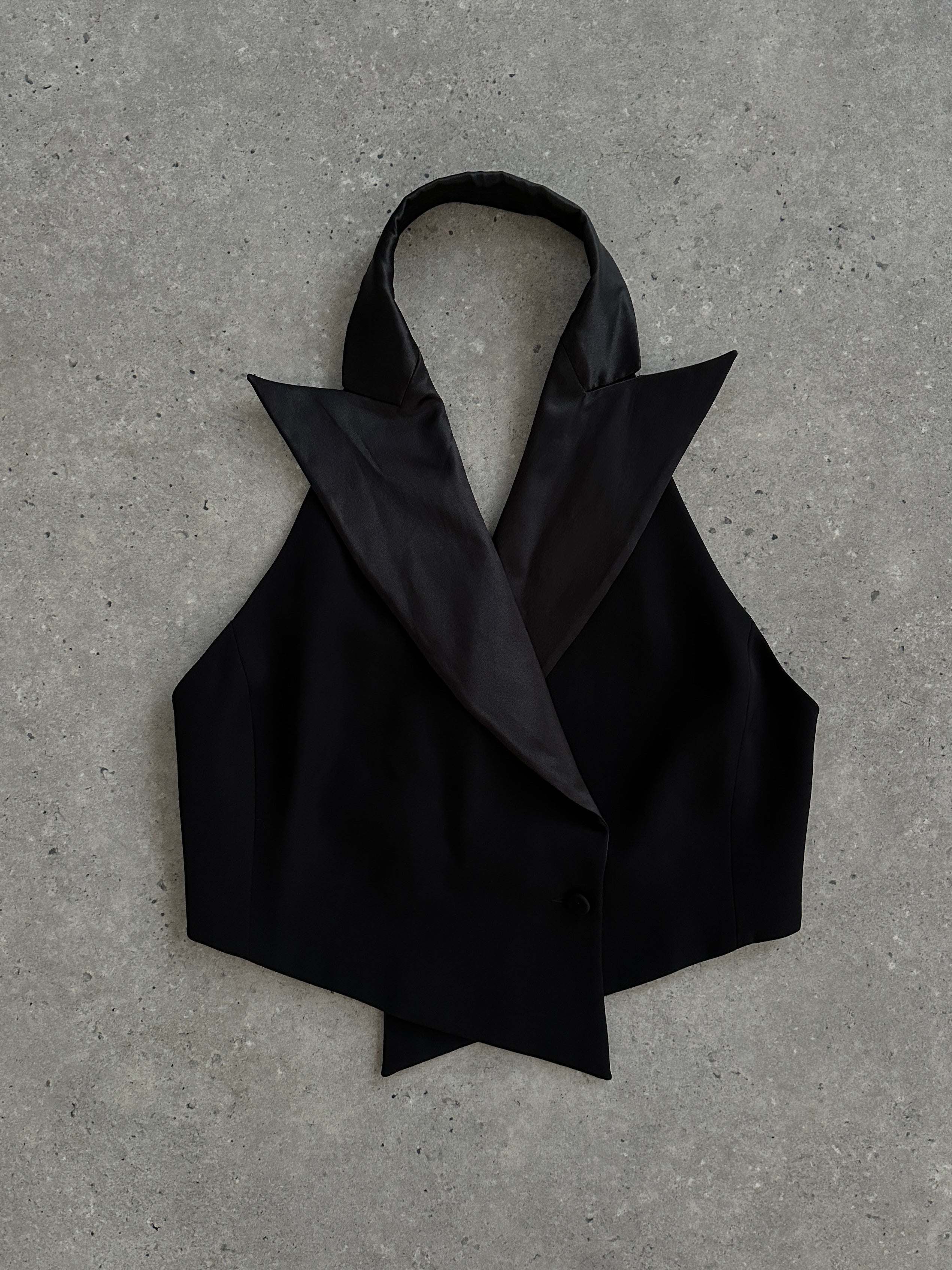 Emporio Armani SS2002 pure silk tuxedo waistcoat in size M, featuring a classic black design and elegant tailored fit.