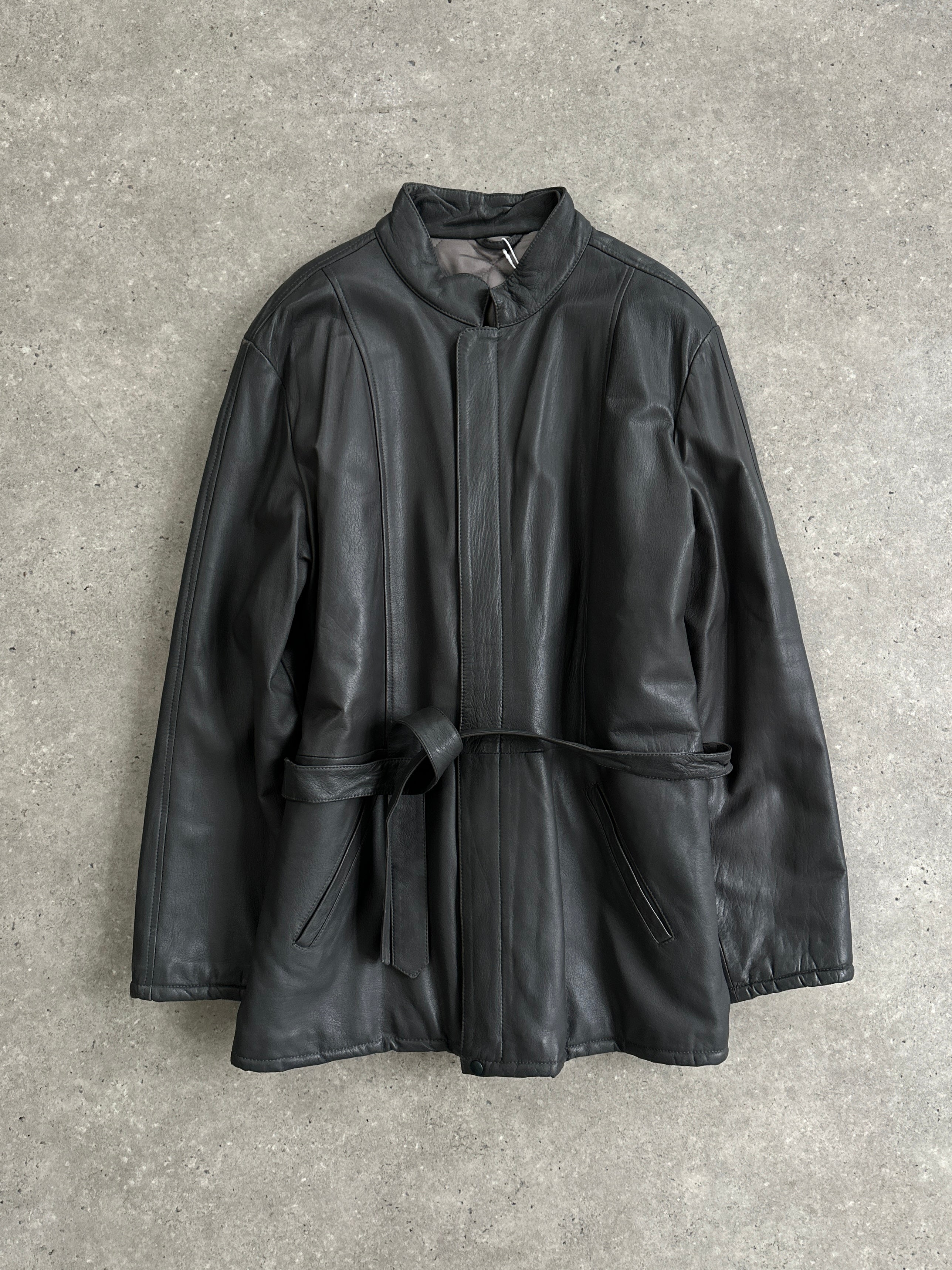 Vintage Italian leather belted jacket in XL with classic design and rich brown color, featuring a front belt and stylish collar.