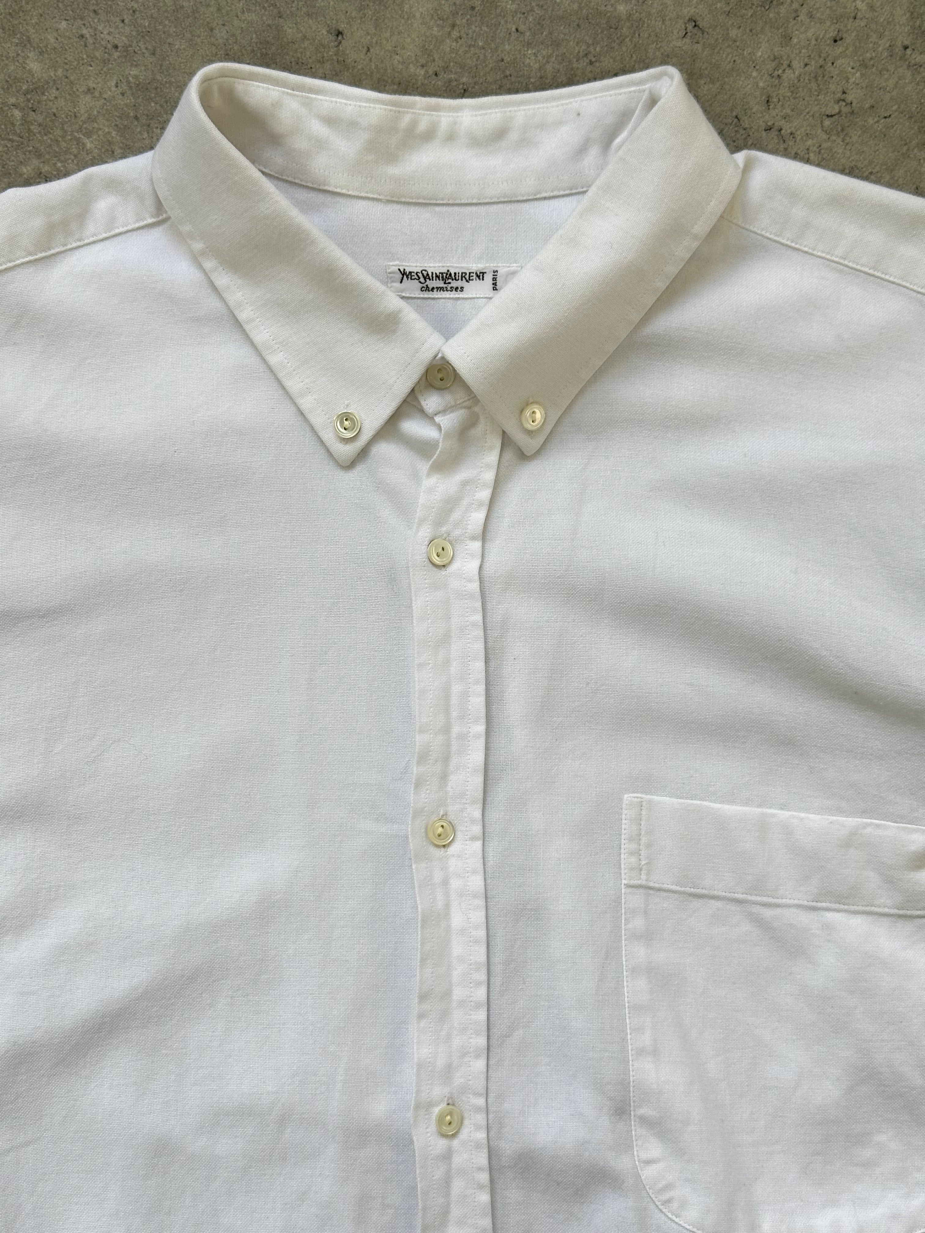 Yves Saint Laurent 1990s pure cotton shirt in size L, featuring classic design and crisp white fabric.