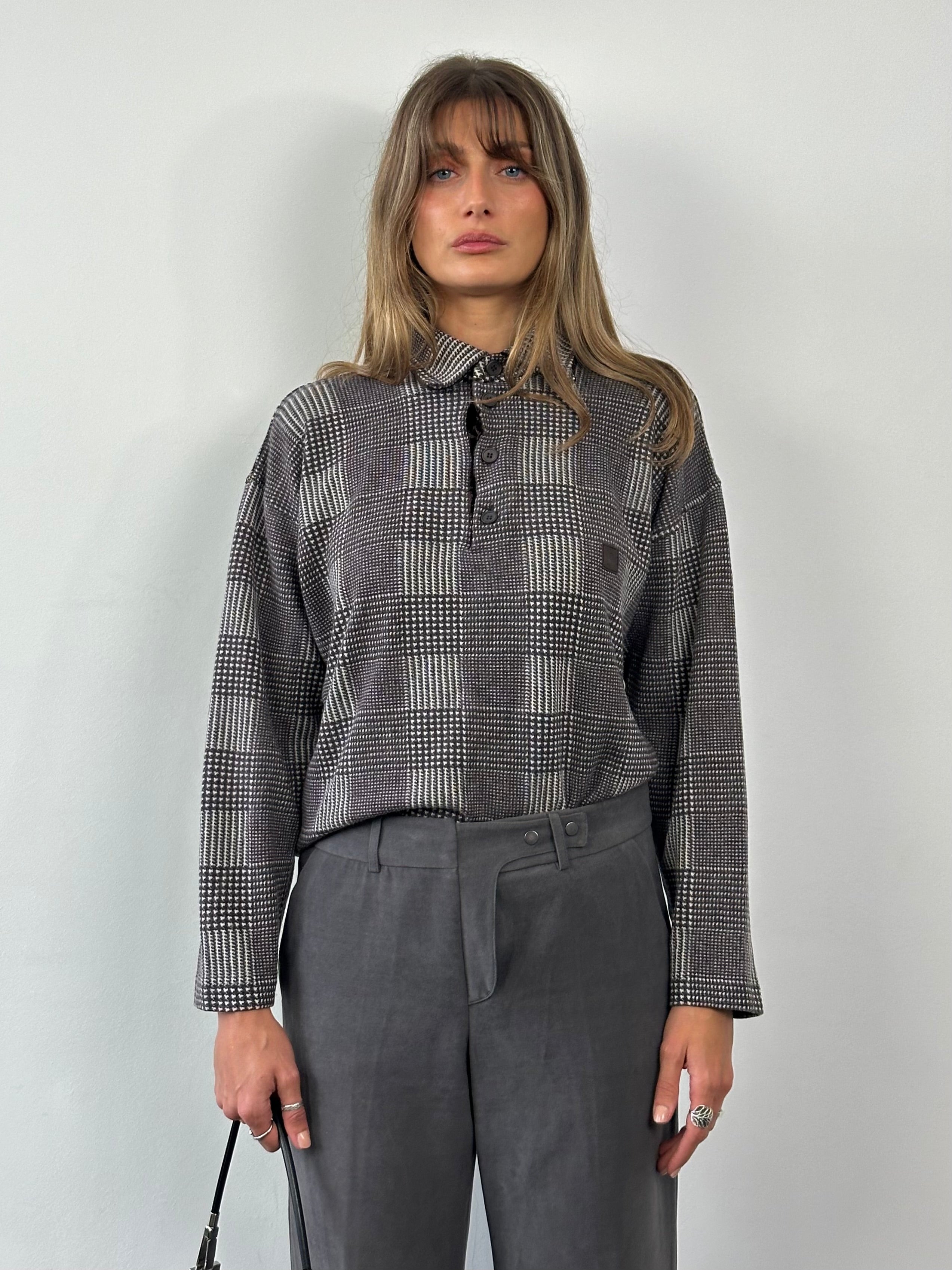 Gianfranco Ferre merino wool check logo polo jumper in black and white, M/L size, featuring a classic check pattern and brand logo.