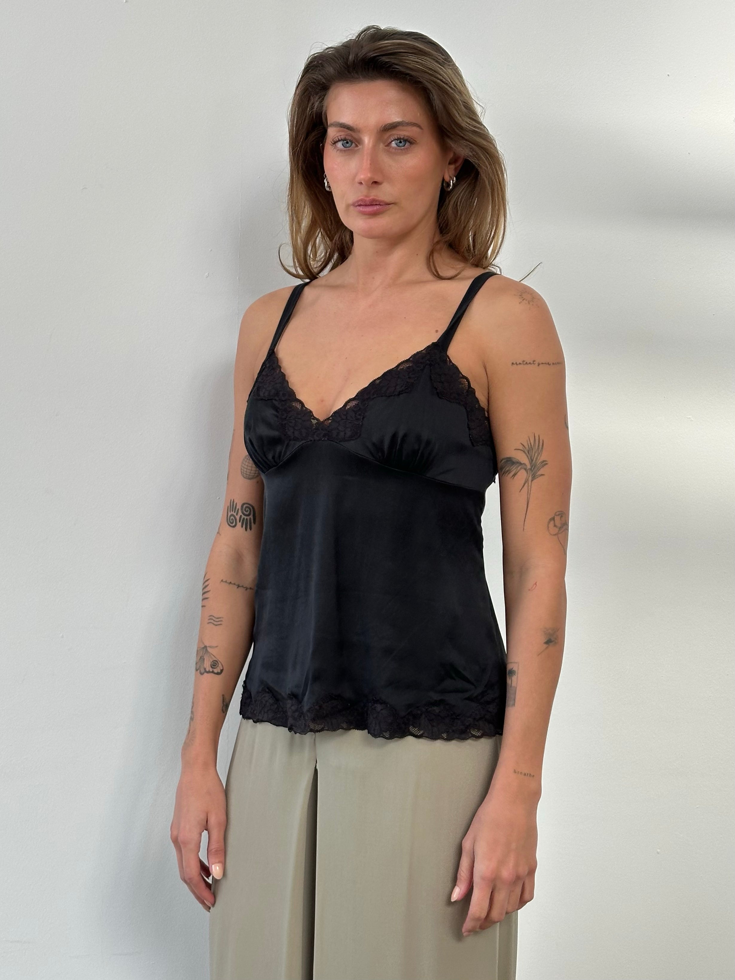 Vintage 1990s silk lace cami top in size M, featuring delicate lace details and a classic sleeveless design.