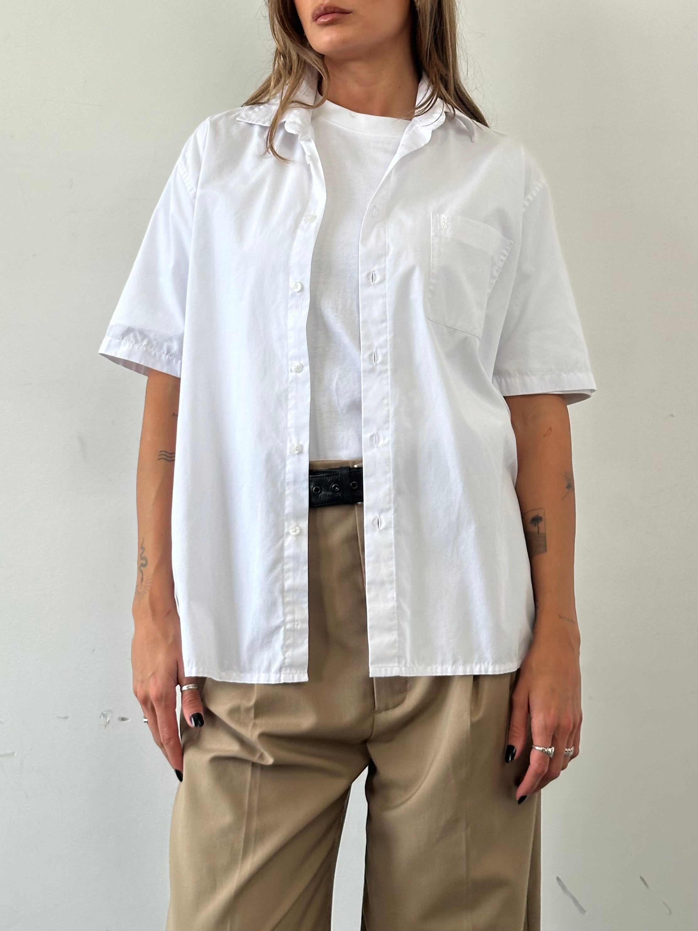 Yves Saint Laurent Pour Homme cotton short sleeve logo shirt in size L, featuring a classic crew neck and signature branding.