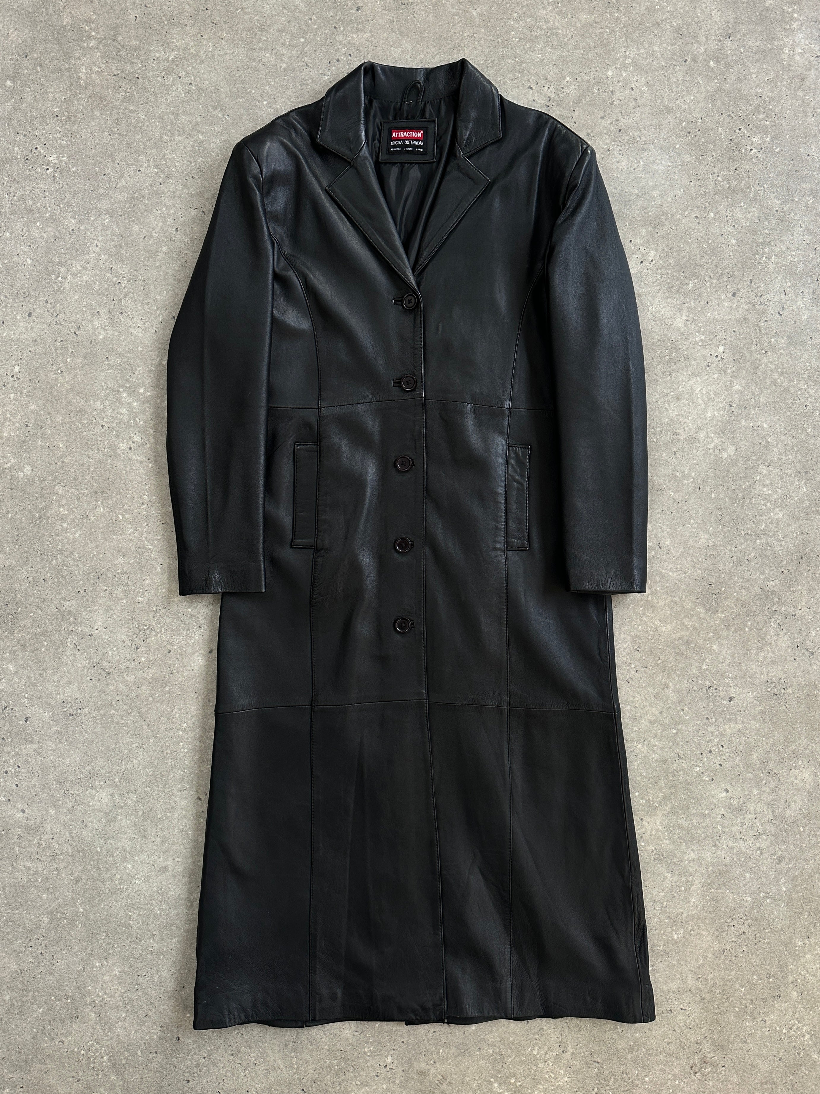Vintage 1990s leather trench coat, floor length, size large, classic black leather jacket with a timeless design.