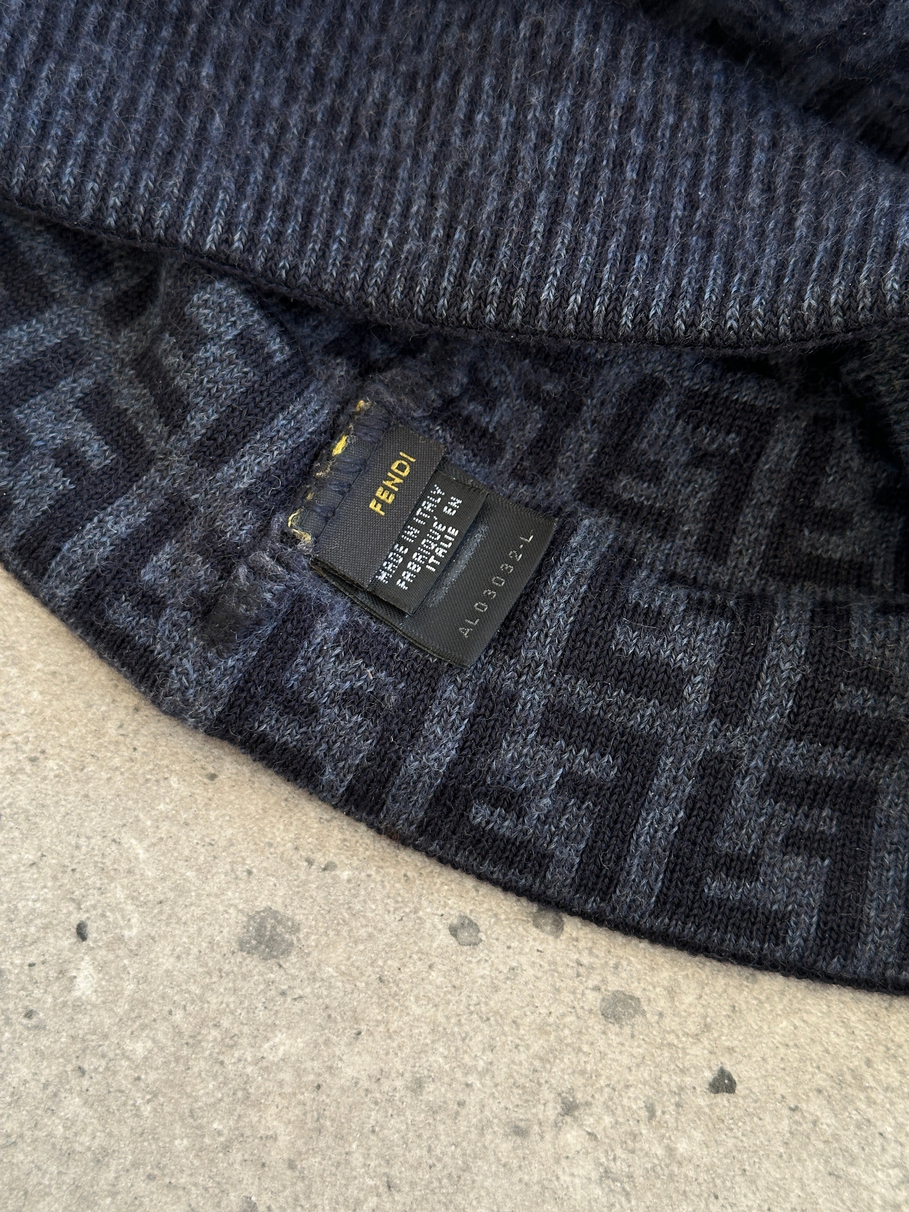 Fendi FF monogram print beanie hat with ribbed knit design, featuring the iconic logo pattern, stylish and warm headwear.