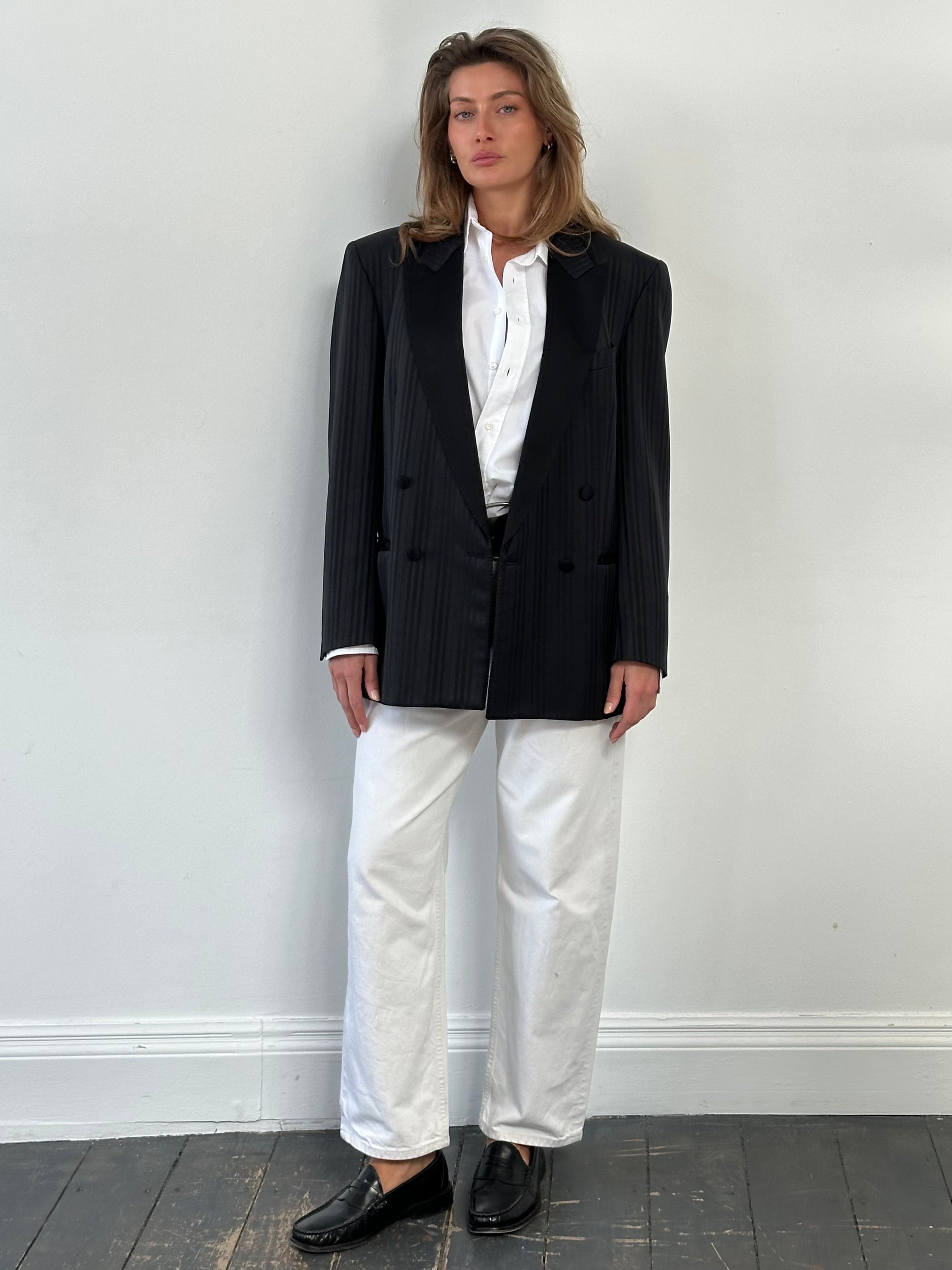Vintage 1990s Double Breasted Striped Tuxedo Blazer - L