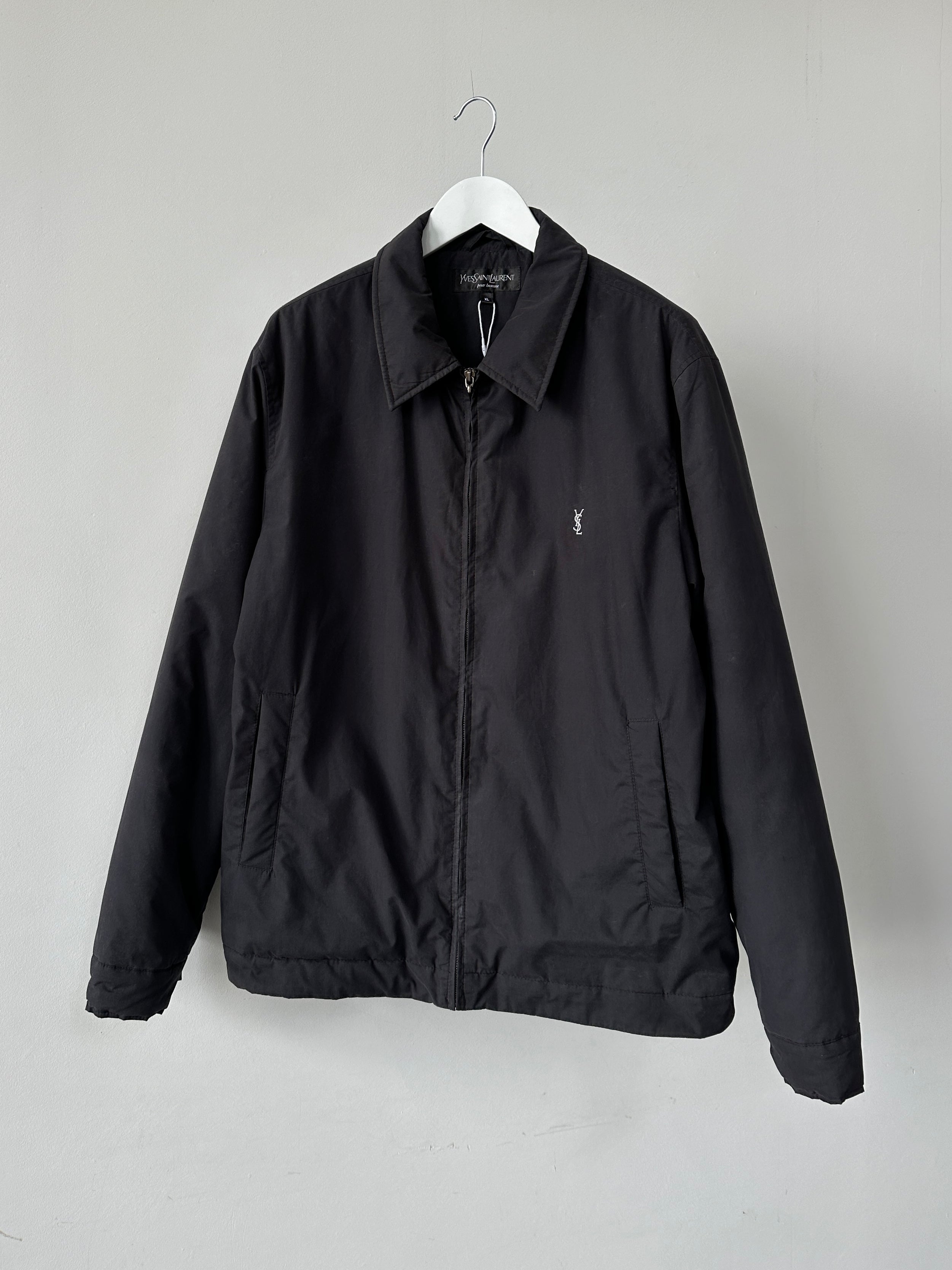 Yves Saint Laurent Pour Homme padded logo bomber jacket in XL with front zipper, ribbed cuffs, and signature branding detail.