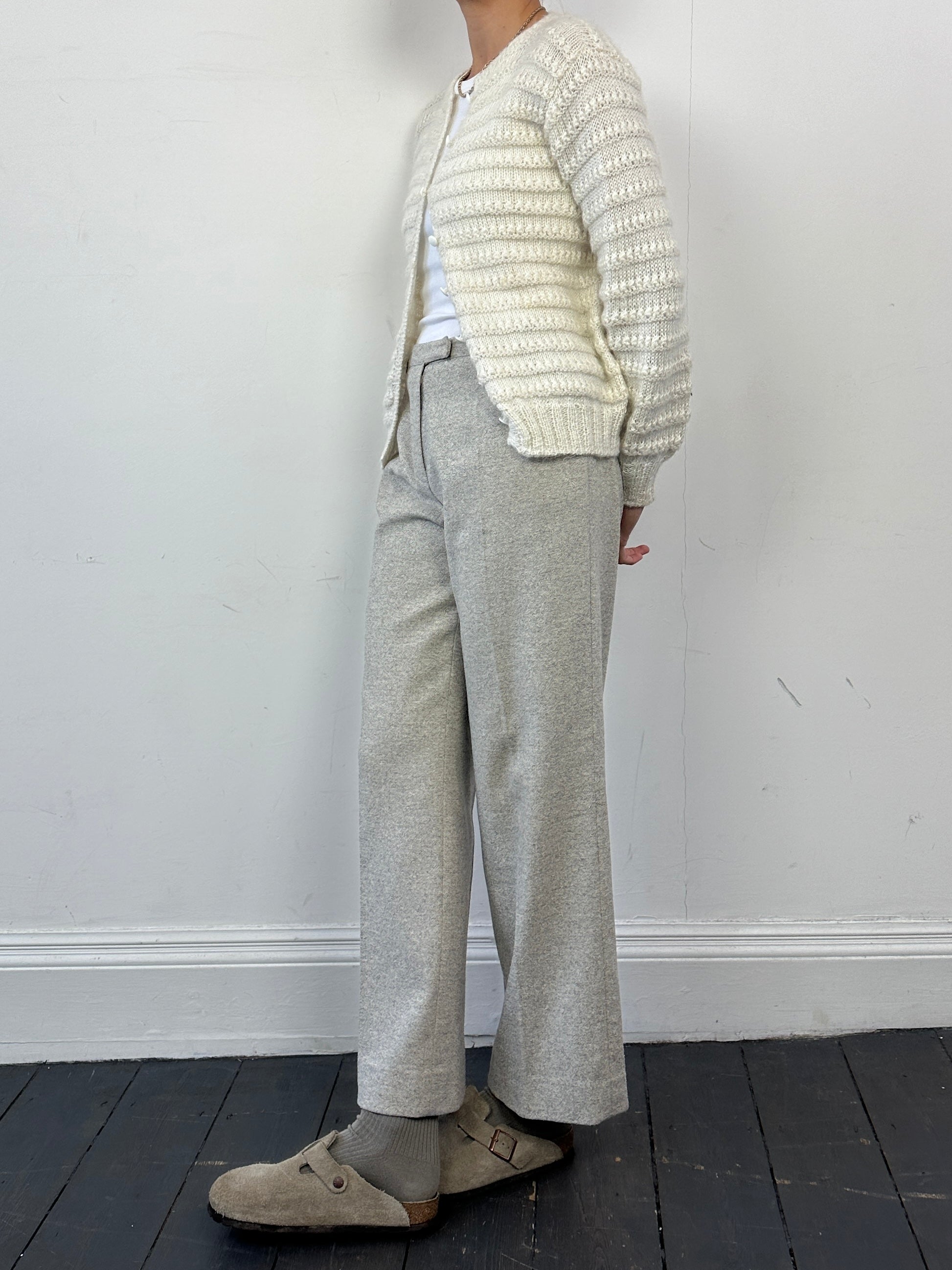 Jaeger wool silk mid waist straight leg trousers in size W28, featuring a classic tailored fit and neutral color.