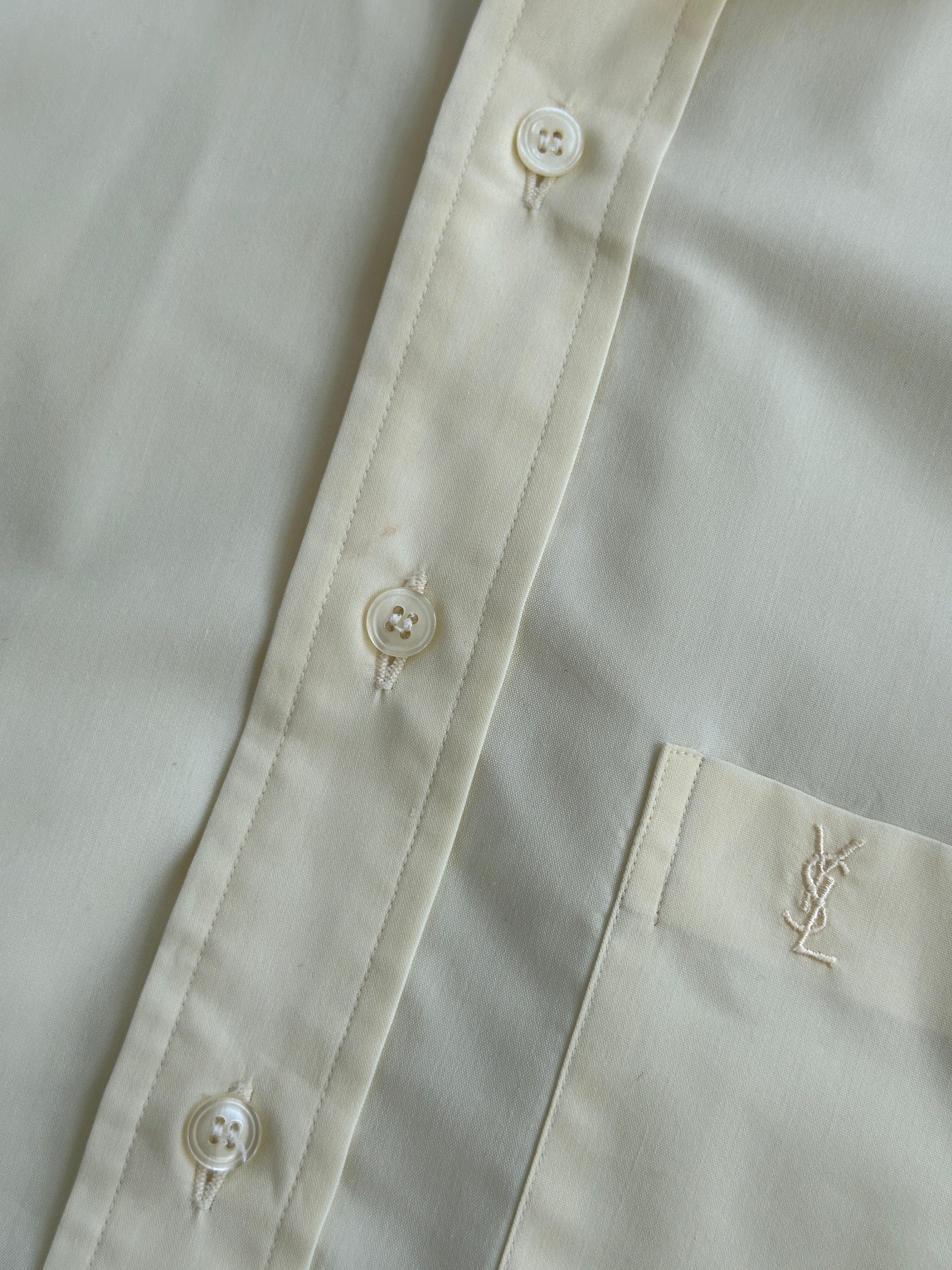 Yves Saint Laurent Pour Homme 1990s cotton short sleeve logo shirt in size L, featuring a classic design and logo print.