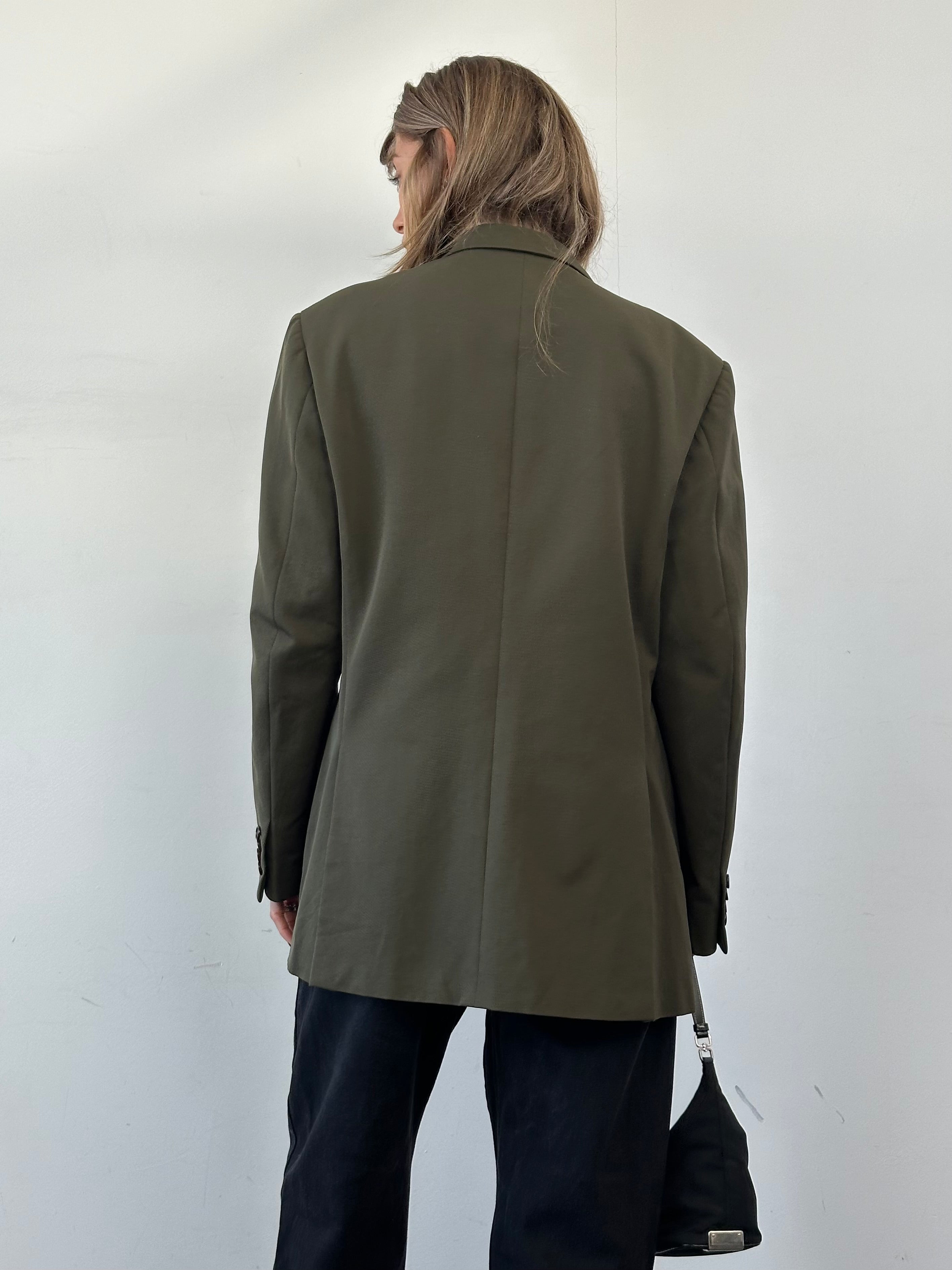 Prada nylon single-breasted blazer in size 44R/XL, shown in a sleek navy design with classic lapels and tailored fit.