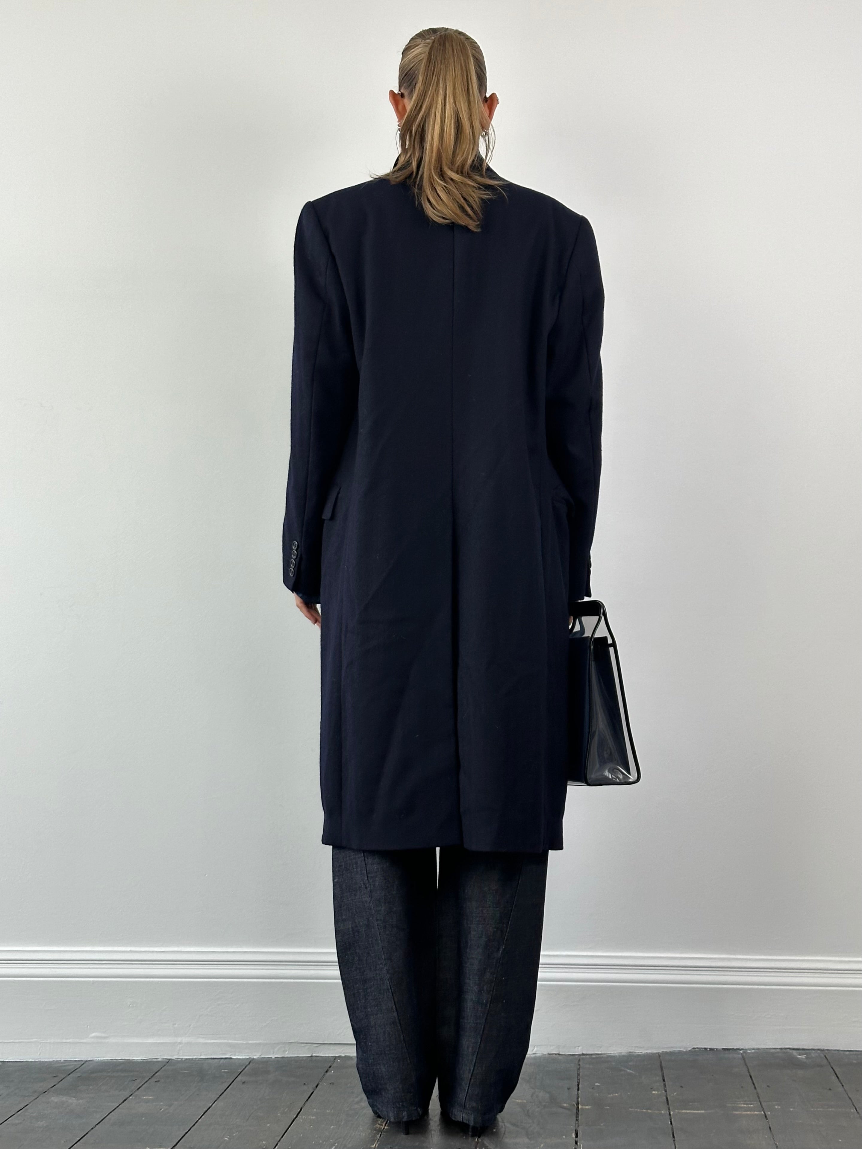 Christian Dior pure wool coat with concealed placket in XL size, stylish long coat with tailored fit and classic design.