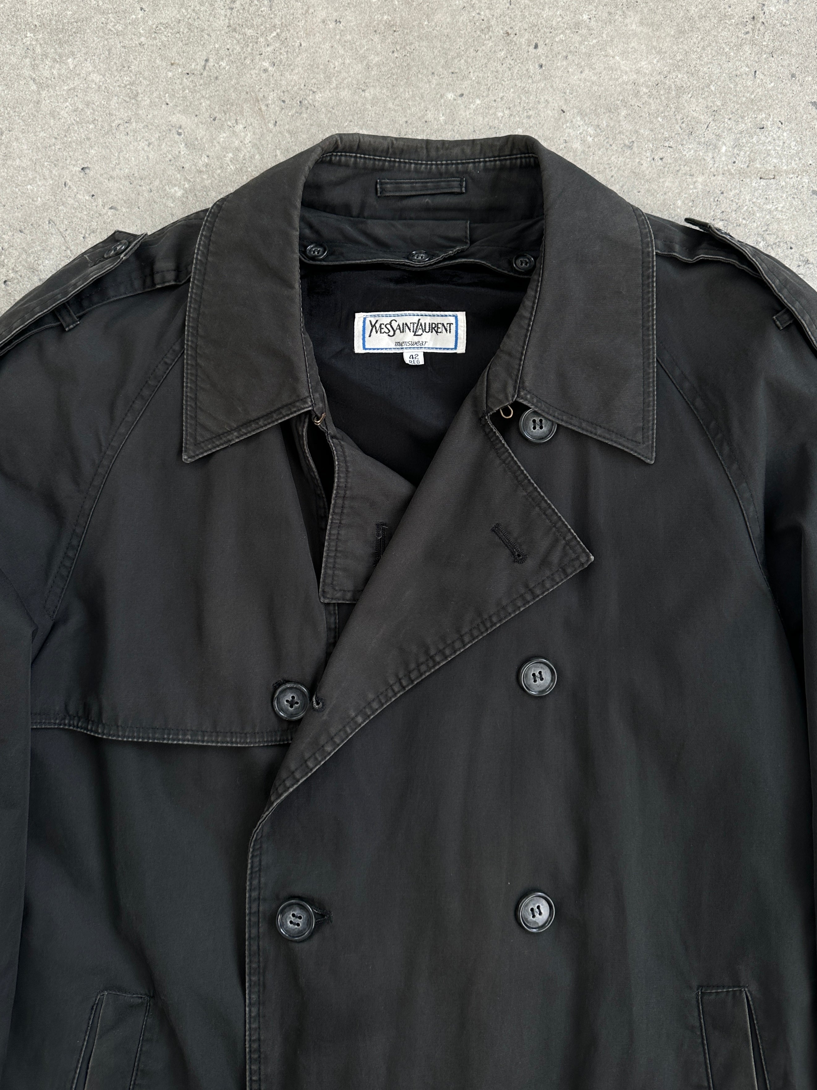 Yves Saint Laurent cotton double-breasted belted coat in XL, featuring classic lapels and a stylish silhouette.
