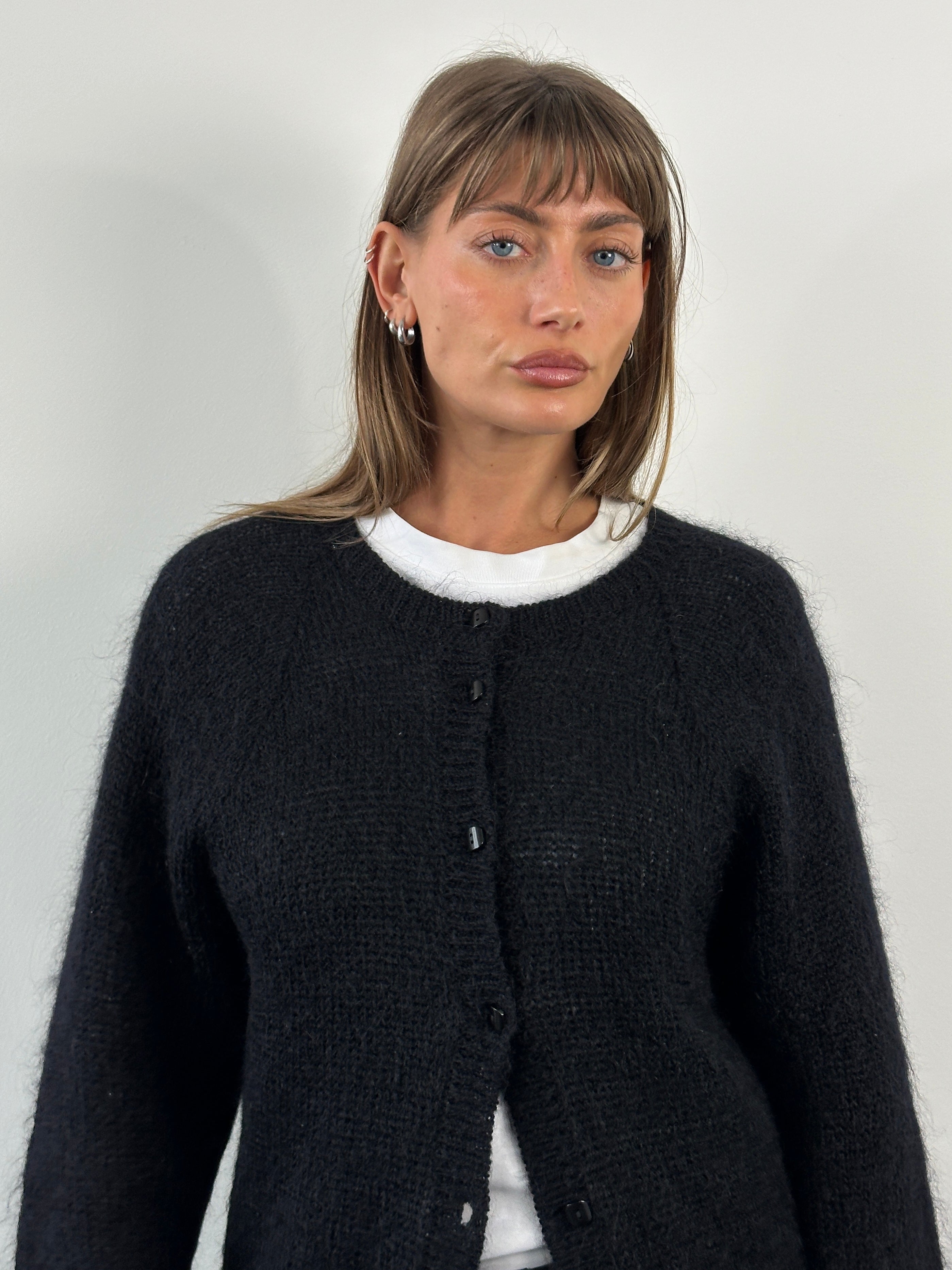 St Michael 1990s beige mohair cardigan, size large, featuring a cozy knit with a classic button-up front and ribbed cuffs.