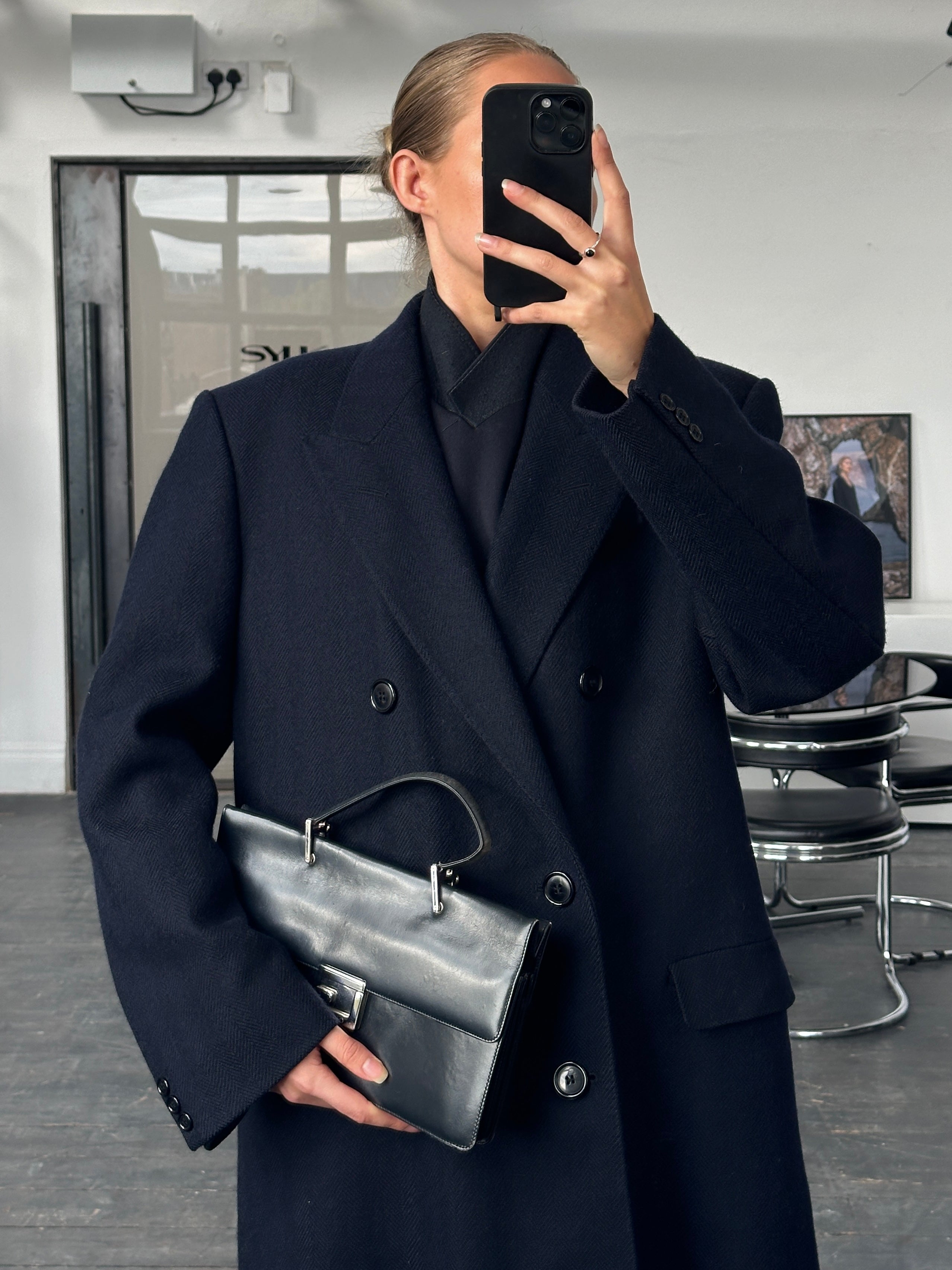 Vintage British 1990s pure wool double-breasted coat in XXL size, featuring classic design and tailored fit.