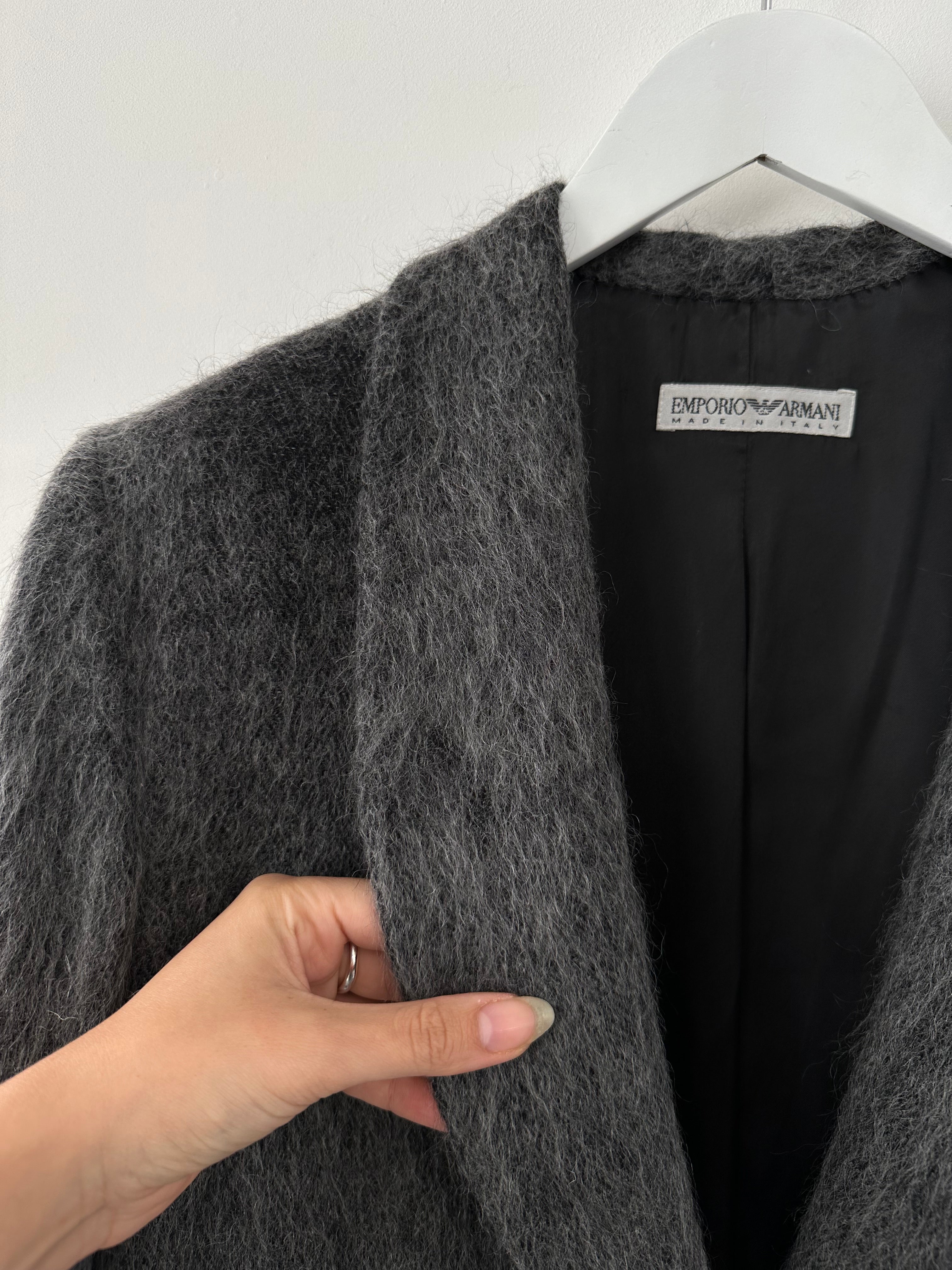 Emporio Armani fuzzy wool mohair single-breasted coat in size M, beige color, featuring classic lapels and a tailored fit.