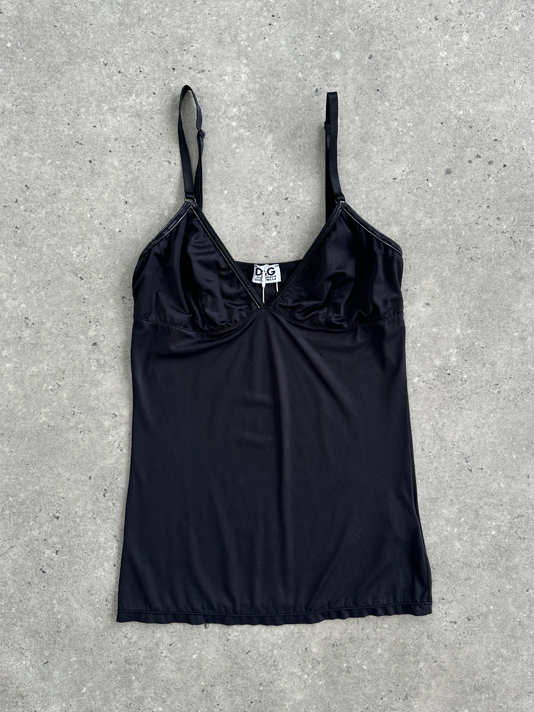 Dolce & Gabbana stretch cami top in XS/S, shown in black with thin adjustable straps and fitted design.