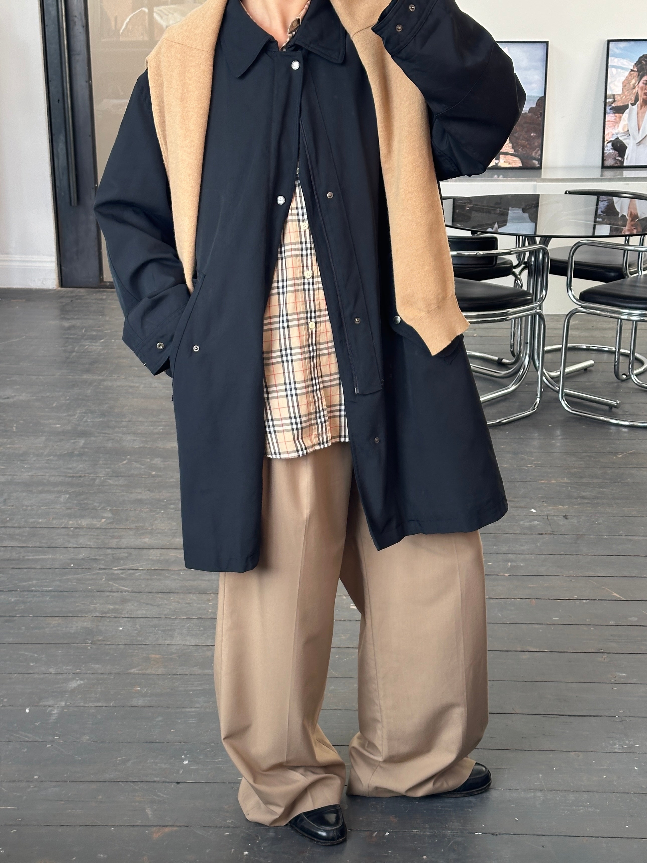 Burberry London 1990s waterproof Nova Check trench coat in XL/XXL style, featuring classic check pattern and belted waist.