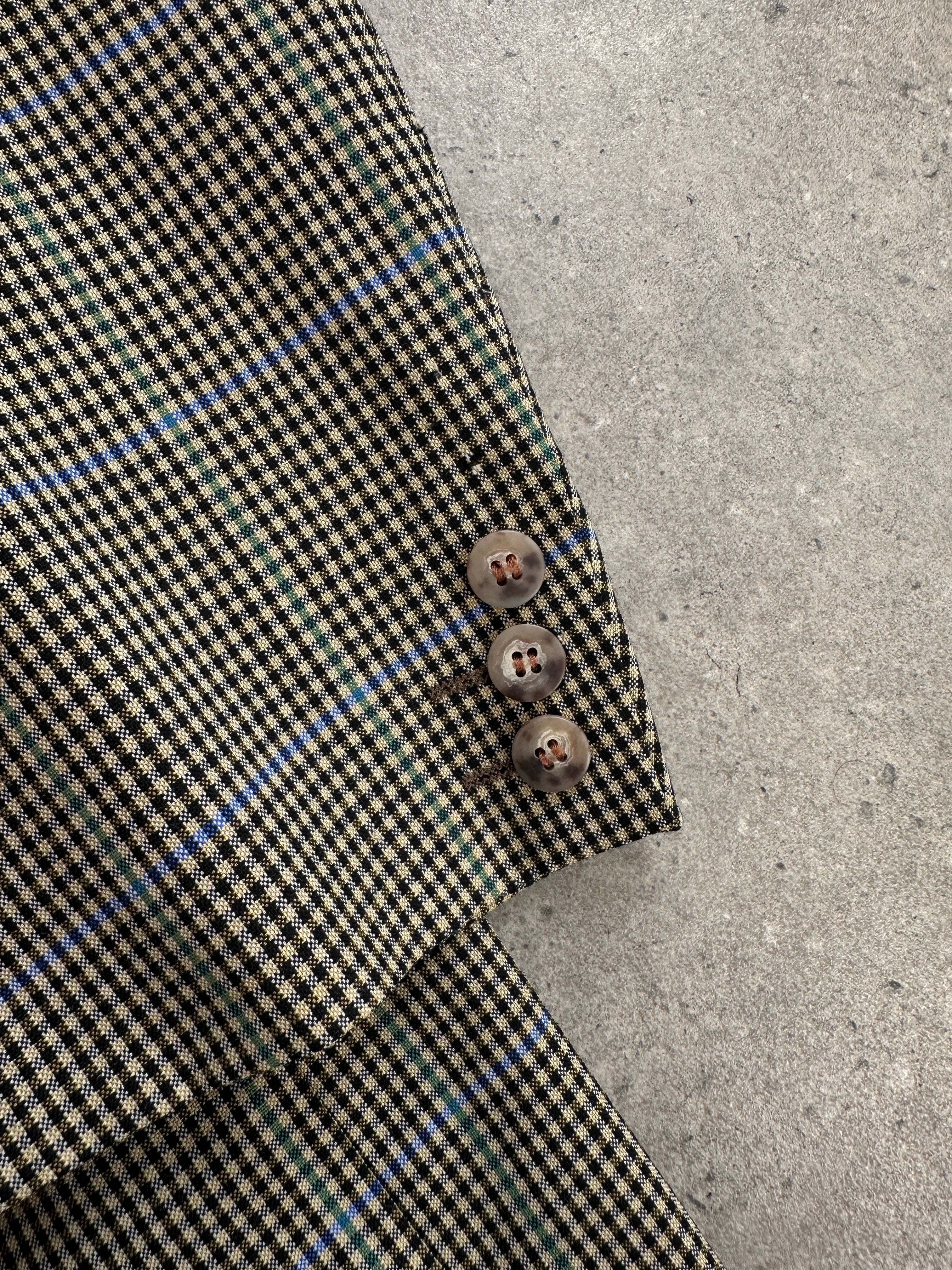 Yves Saint Laurent men's 1990s wool single-breasted check blazer, size 44R/XL, stylish tailored jacket with classic pattern.