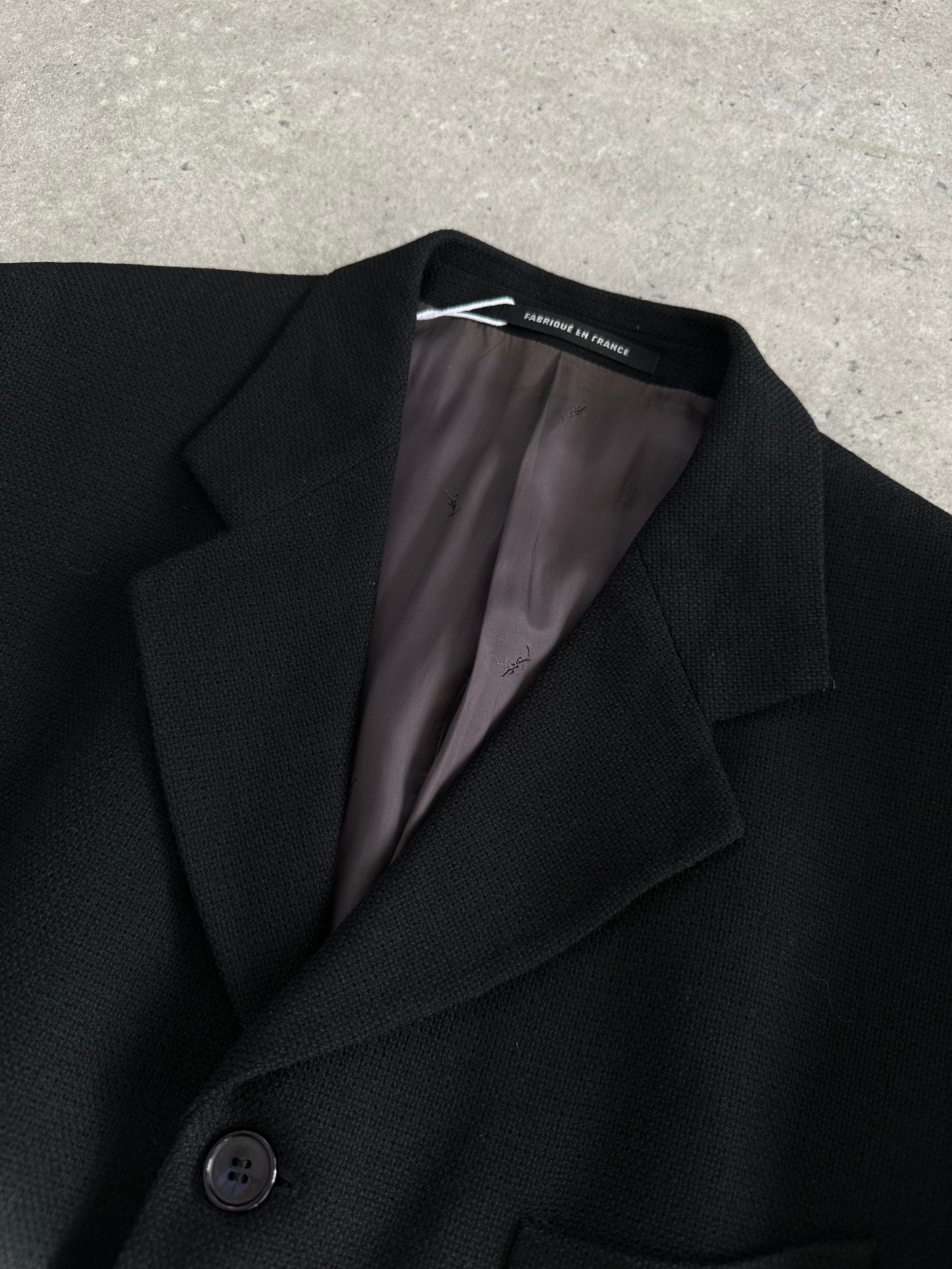 Yves Saint Laurent Pour Homme 1990s wool woven single-breasted blazer, 42R/L, shown on a hanger with structured lapels.