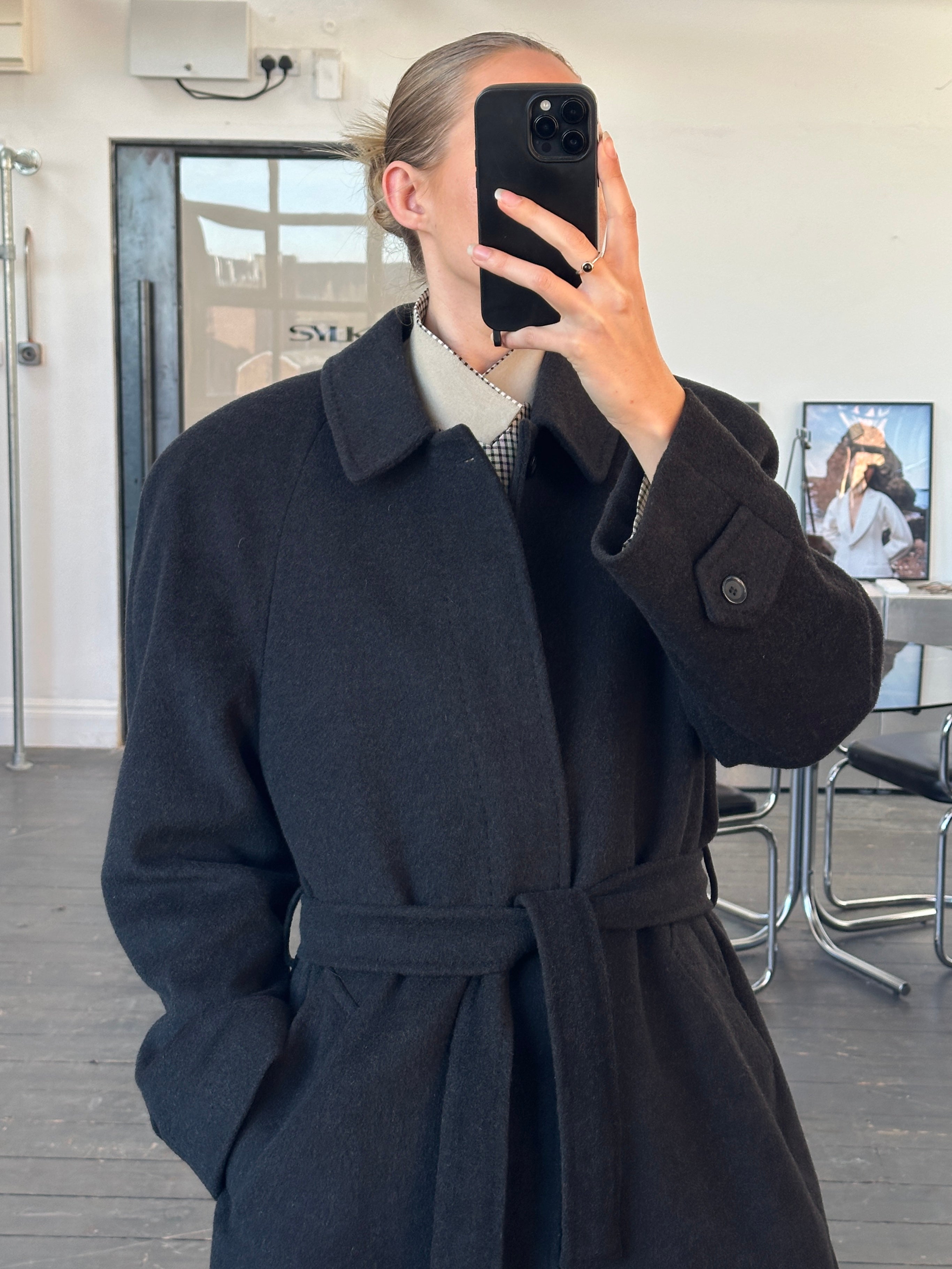 Vintage Italian 1980s wool belted coat in XL, classic outerwear with a timeless design and textured fabric.