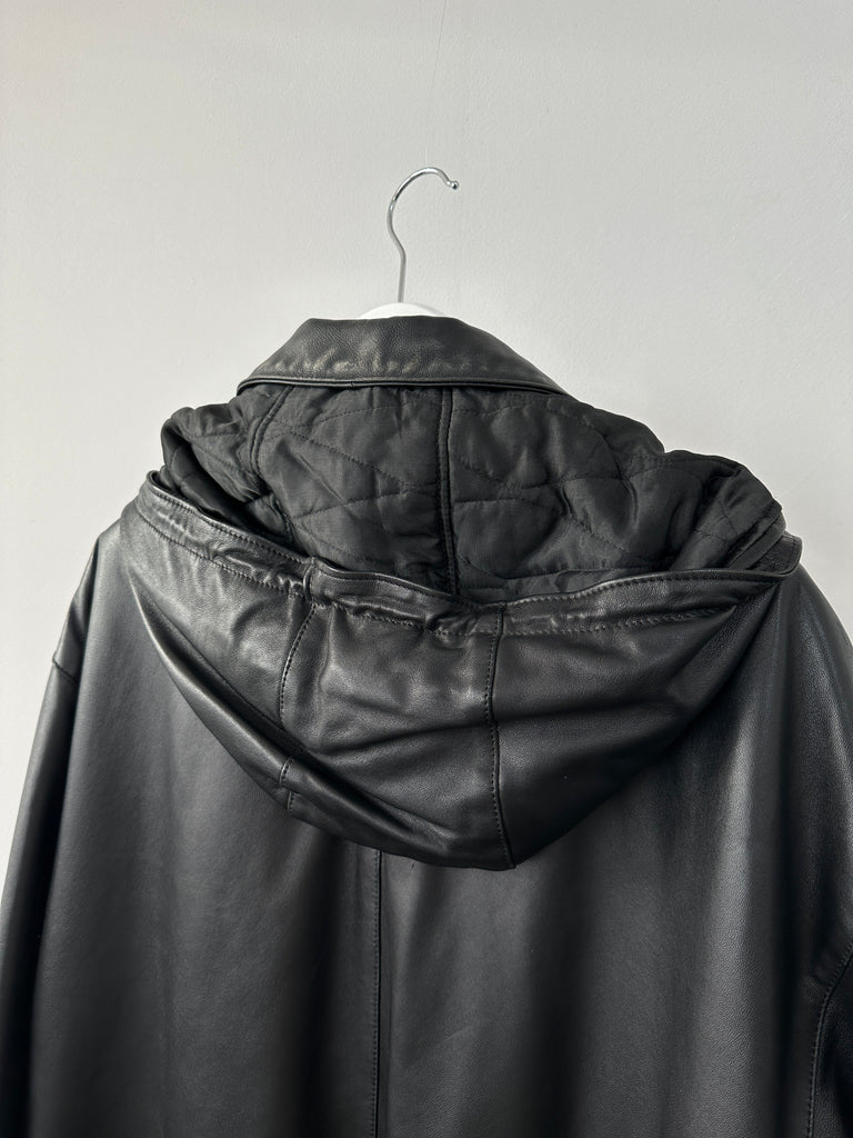 Italian Vintage Leather Coat With Removable Hood- XL/XXL - SYLK