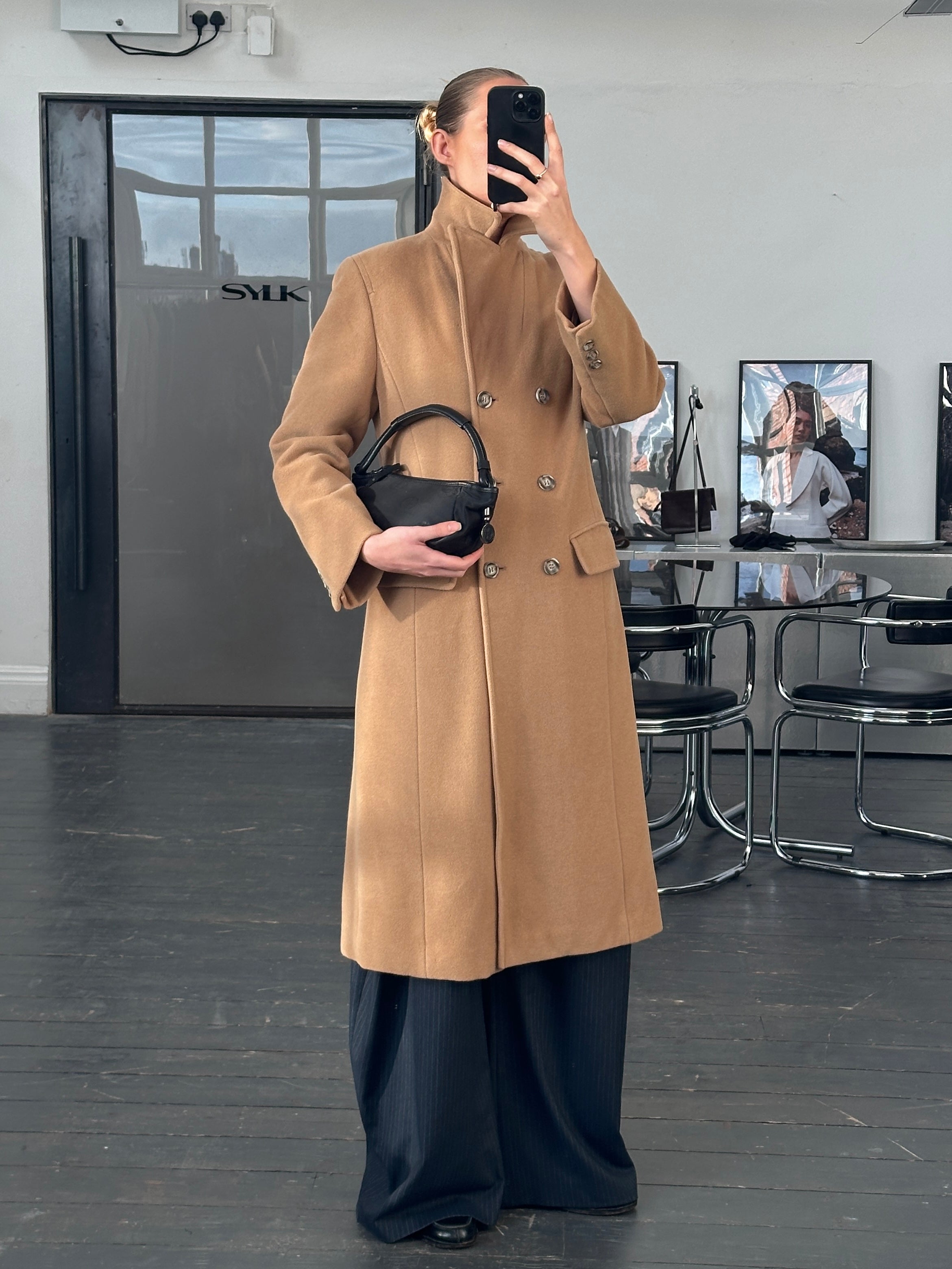 Marella 1990s virgin wool double-breasted coat in size M, stylish outerwear with classic tailored design and button details.