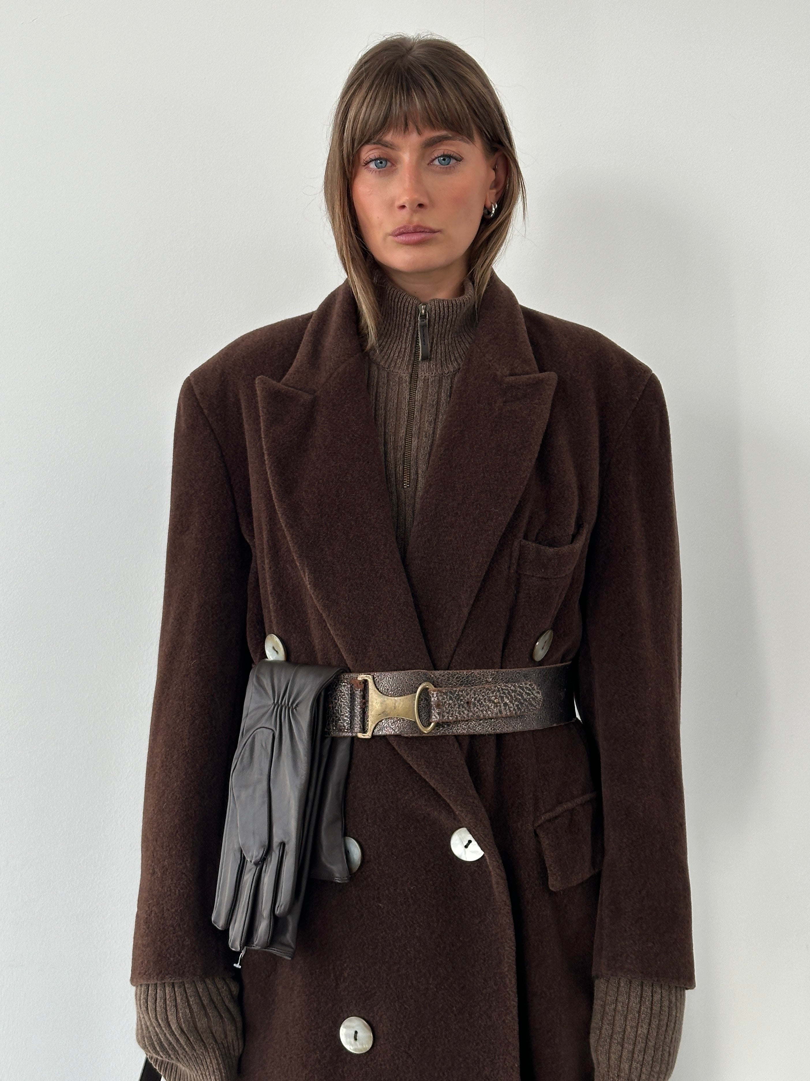 Moschino 1980s wool cashmere double-breasted coat in XL, featuring classic design and tailored fit, displayed on a hanger.