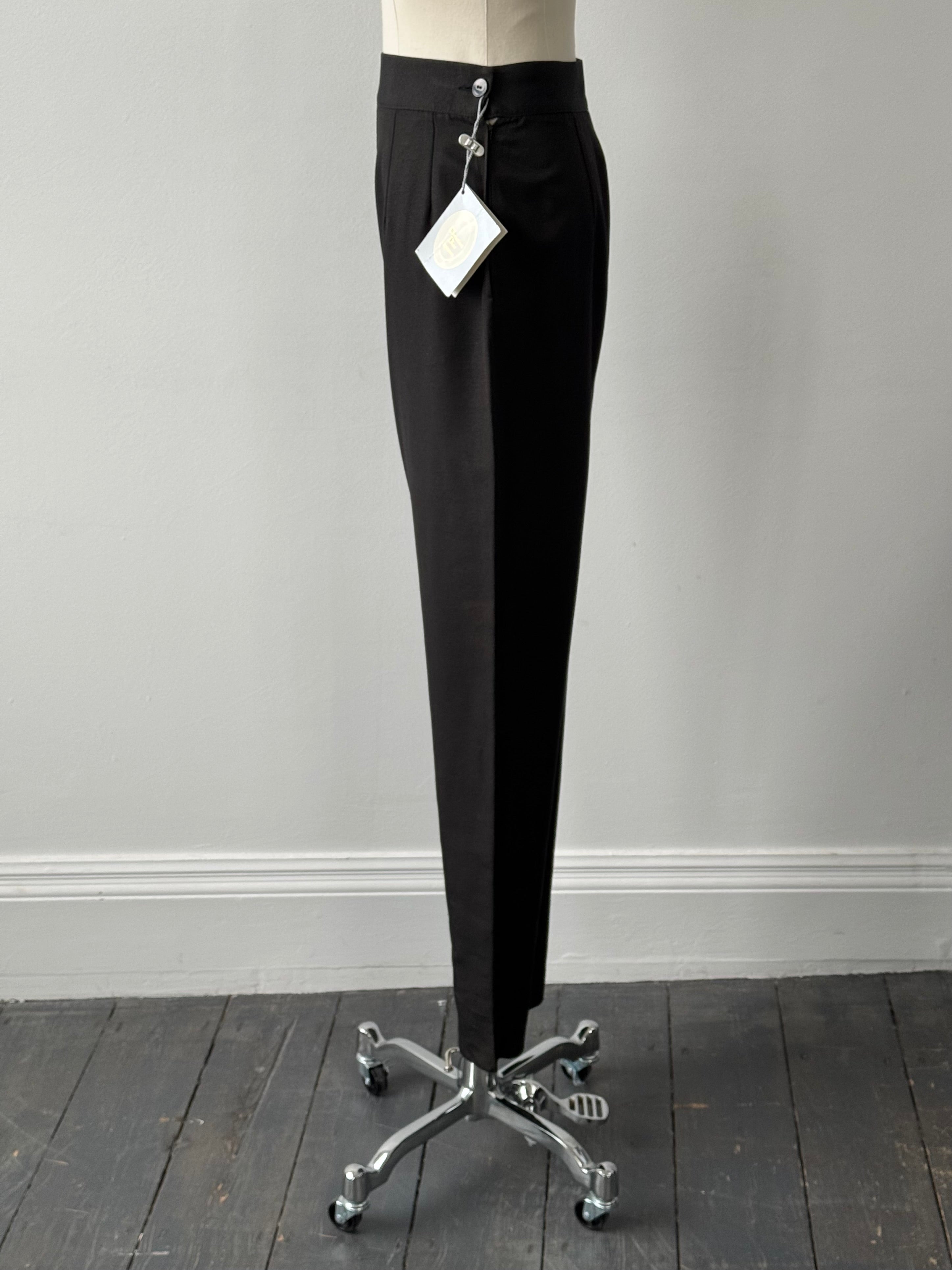 Christian Dior 1990s silk tapered leg trousers in W24, stylish vintage trousers with a sleek fit and elegant fabric.